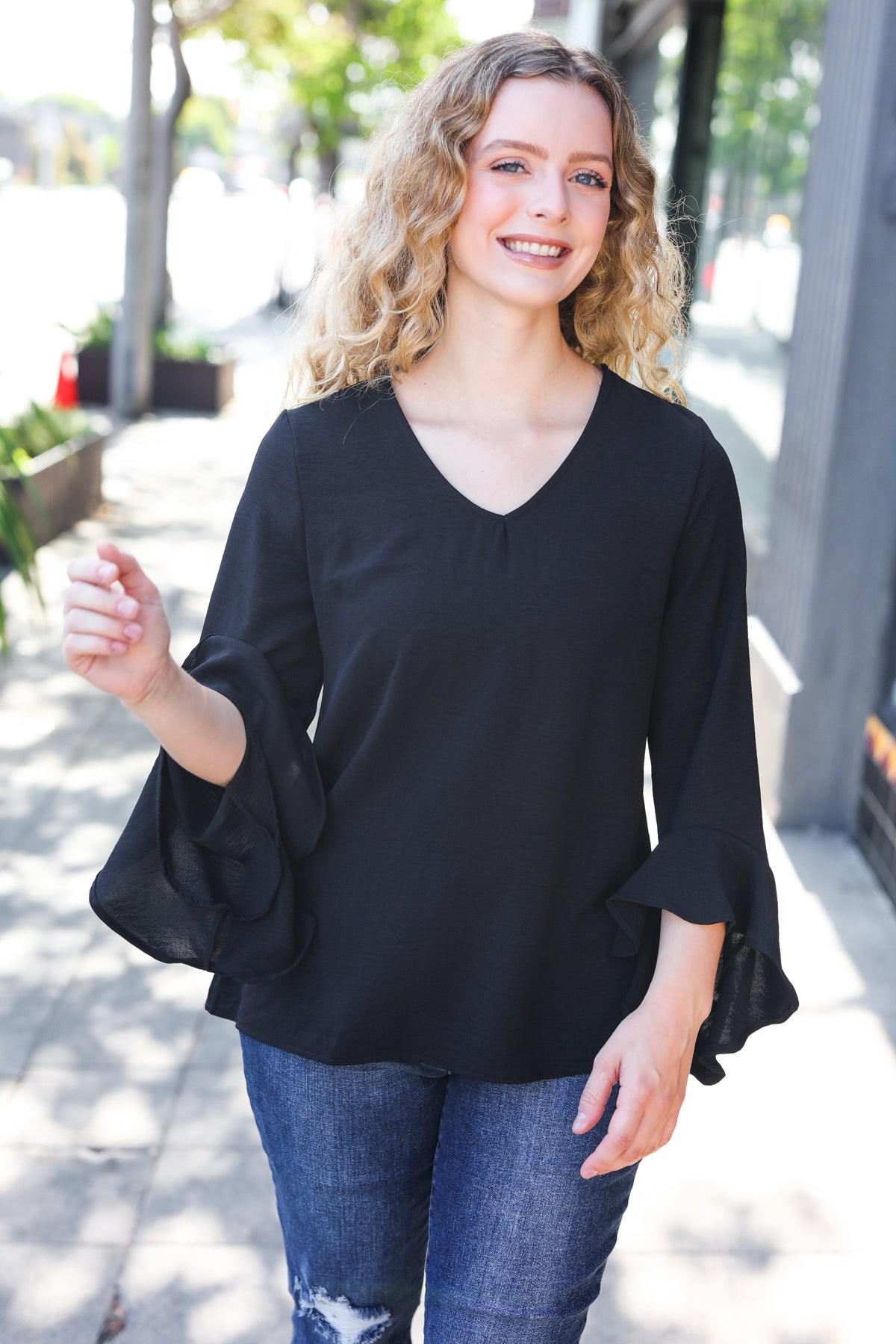 Haptics Black Hi-Lo Ruffle Sleeve Woven Top