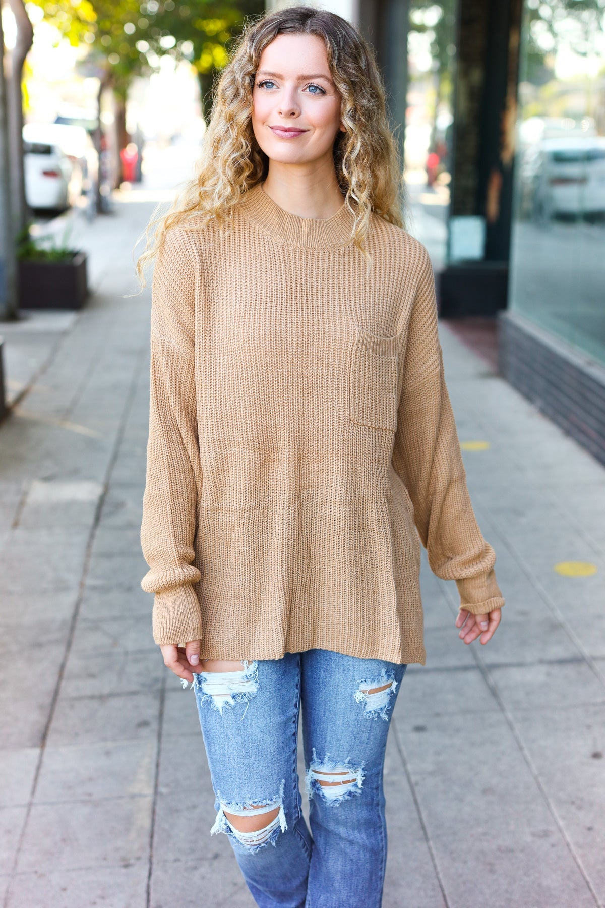 Haptics Taupe Mock Neck Chest Pocket Knit Sweater