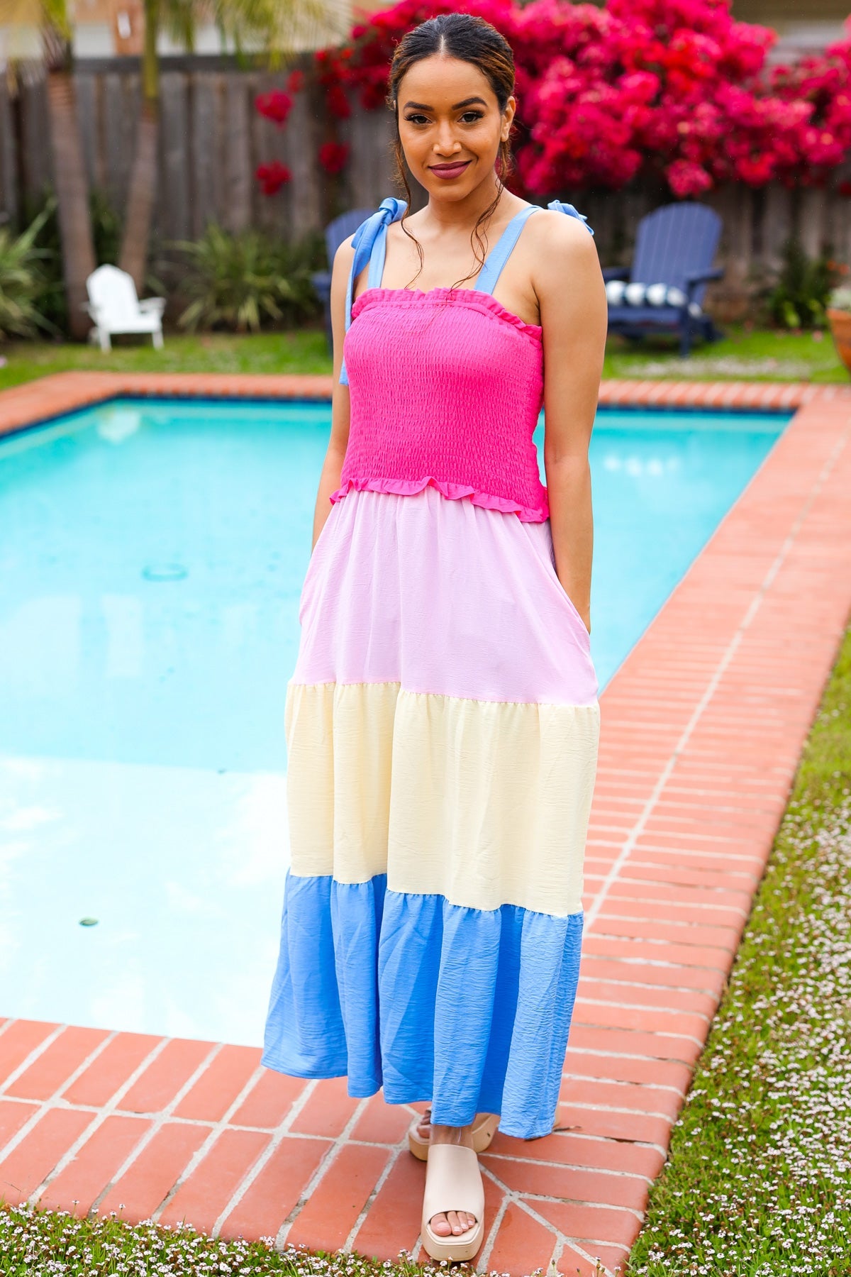 HAPTICS Hot Pink & Blue Smocked Color Block Maxi Dress