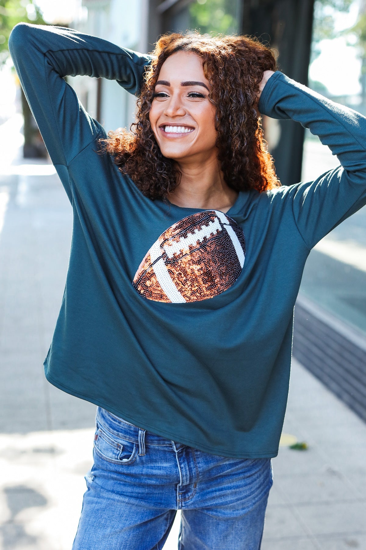 Haptics Forest Green Sequin Football Patch Terry Top