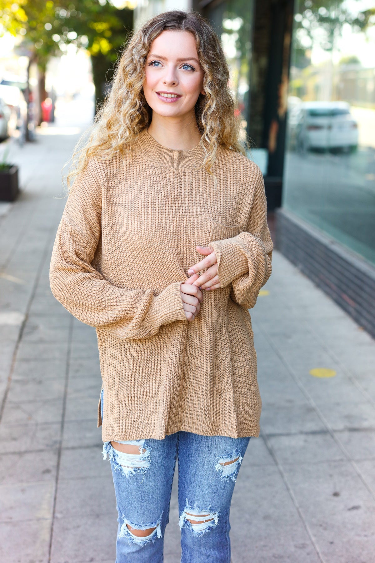 Haptics Taupe Mock Neck Chest Pocket Knit Sweater