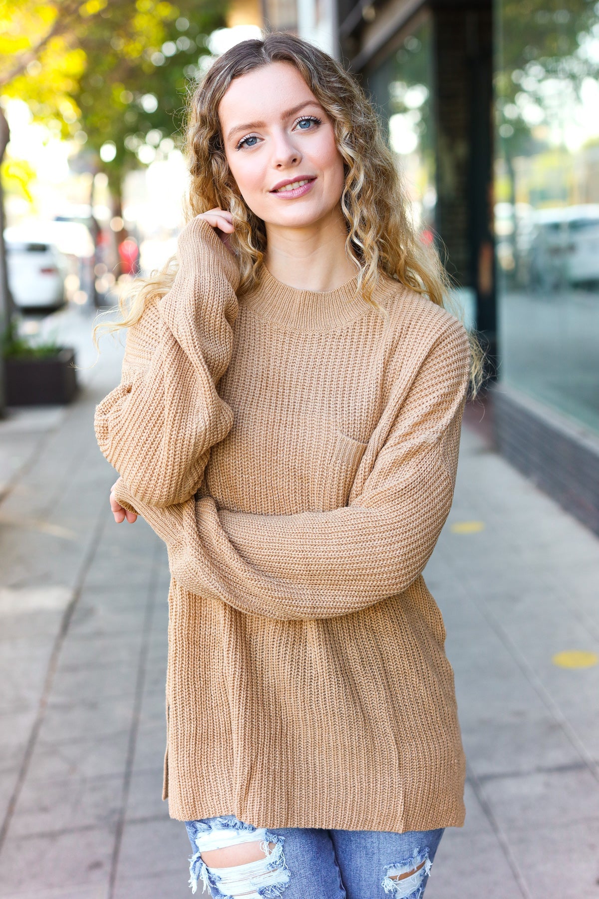 Haptics Taupe Mock Neck Chest Pocket Knit Sweater