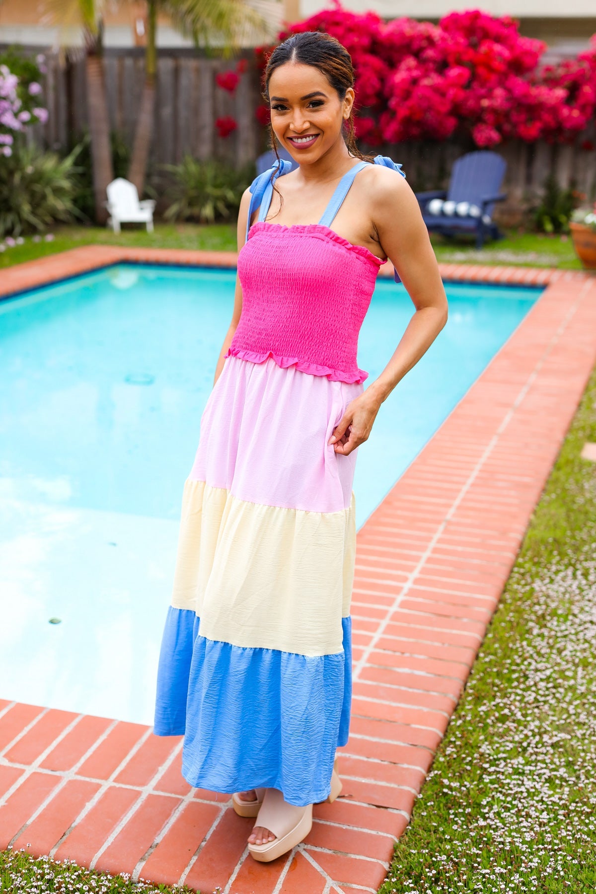 HAPTICS Hot Pink & Blue Smocked Color Block Maxi Dress