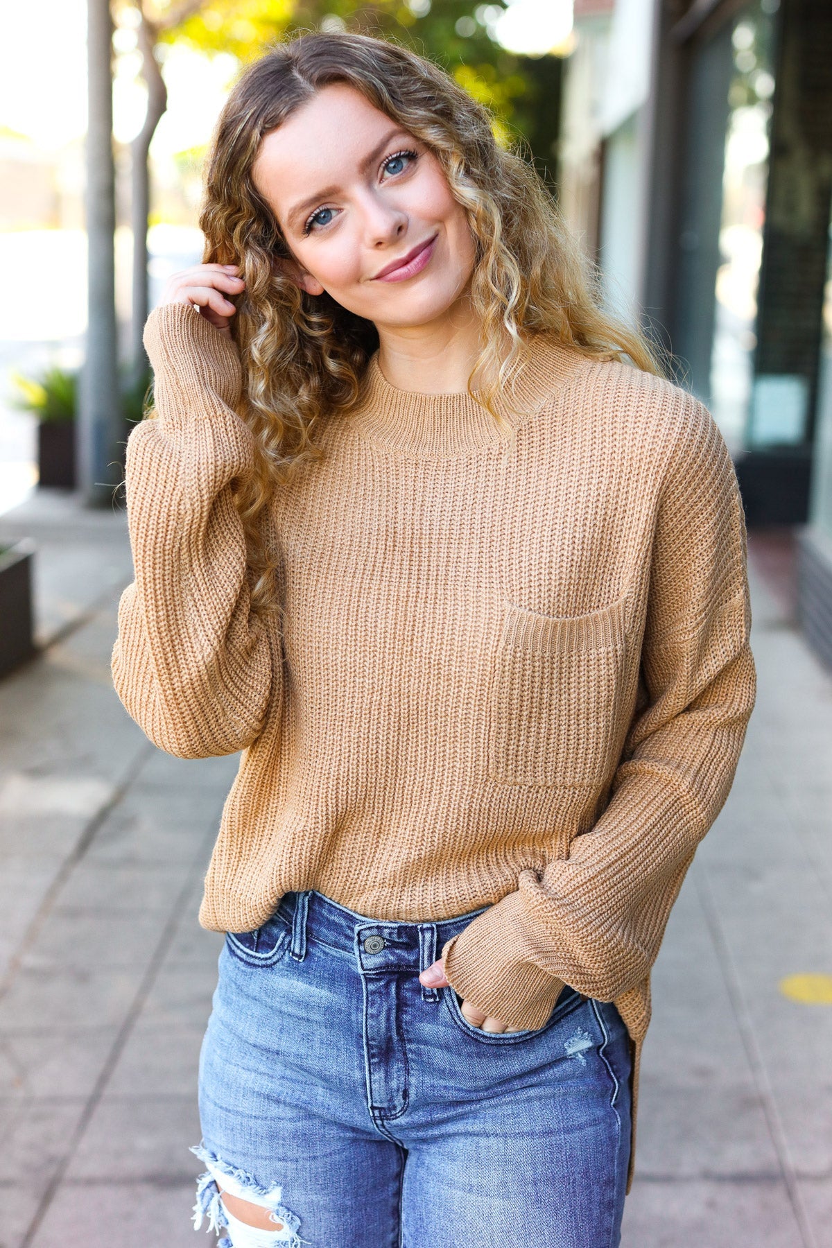 Haptics Taupe Mock Neck Chest Pocket Knit Sweater