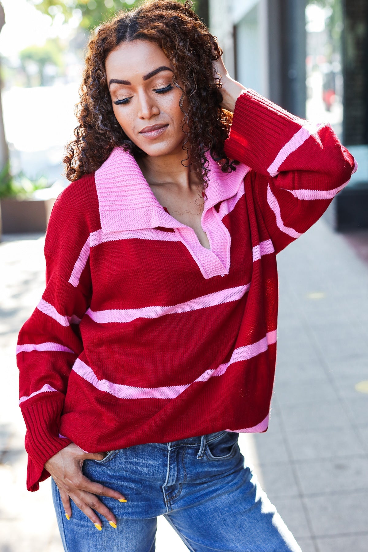 Haptics Crimson Stripe Notched Neck Collared Oversized Sweater