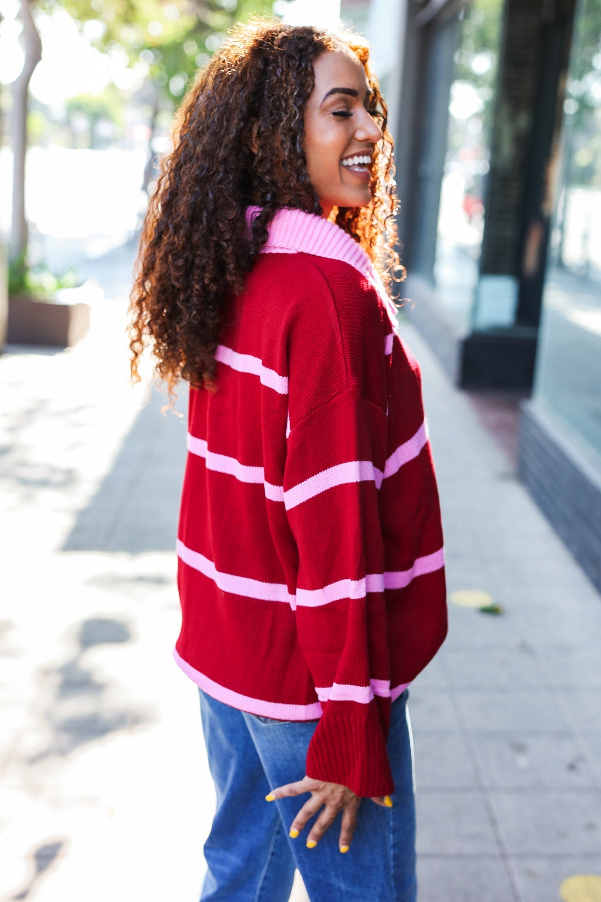 Haptics Crimson Stripe Notched Neck Collared Oversized Sweater