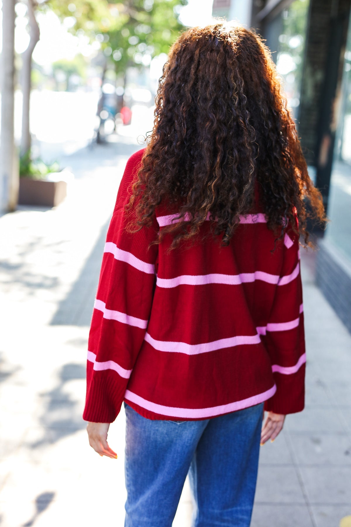 Haptics Crimson Stripe Notched Neck Collared Oversized Sweater