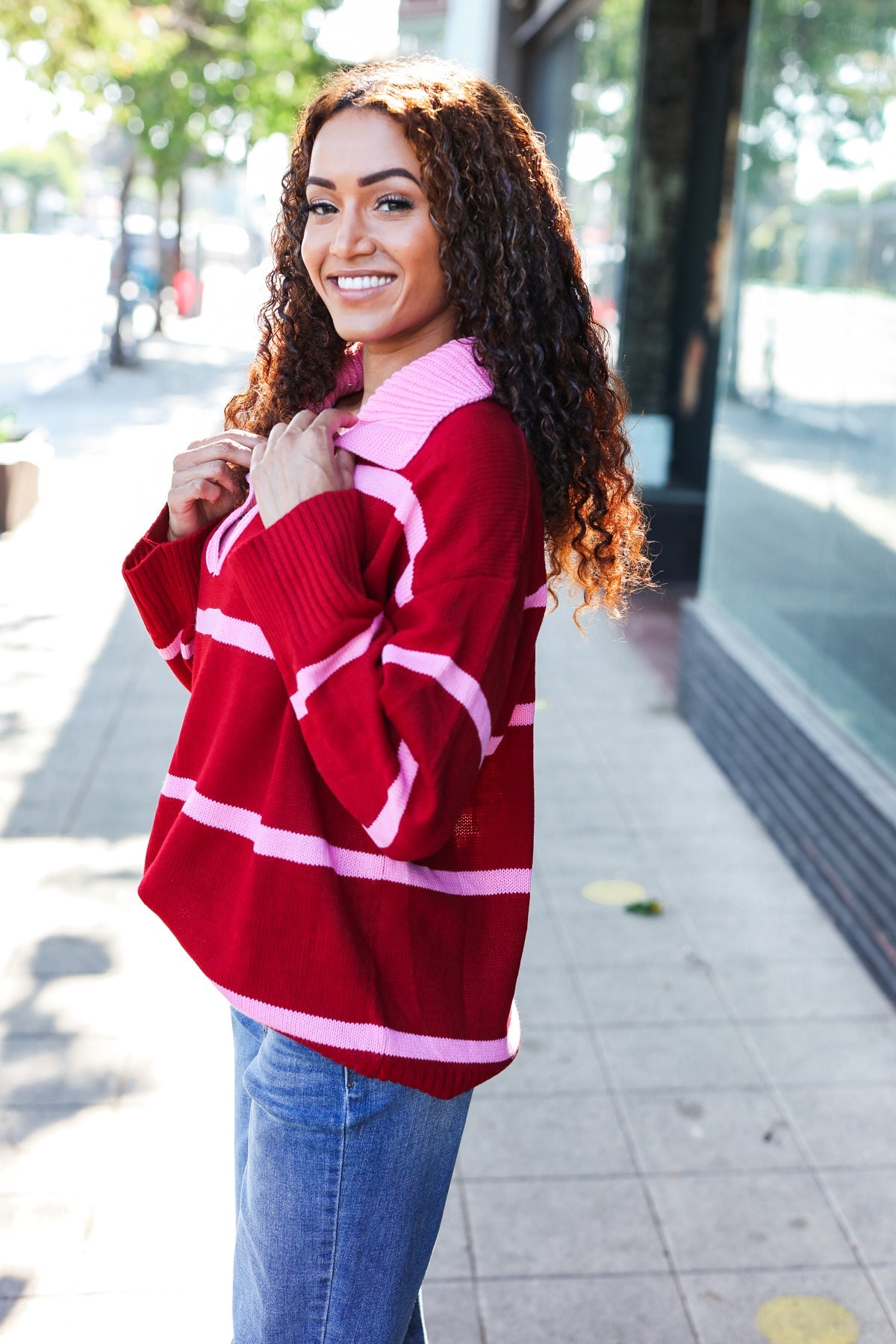 Haptics Crimson Stripe Notched Neck Collared Oversized Sweater