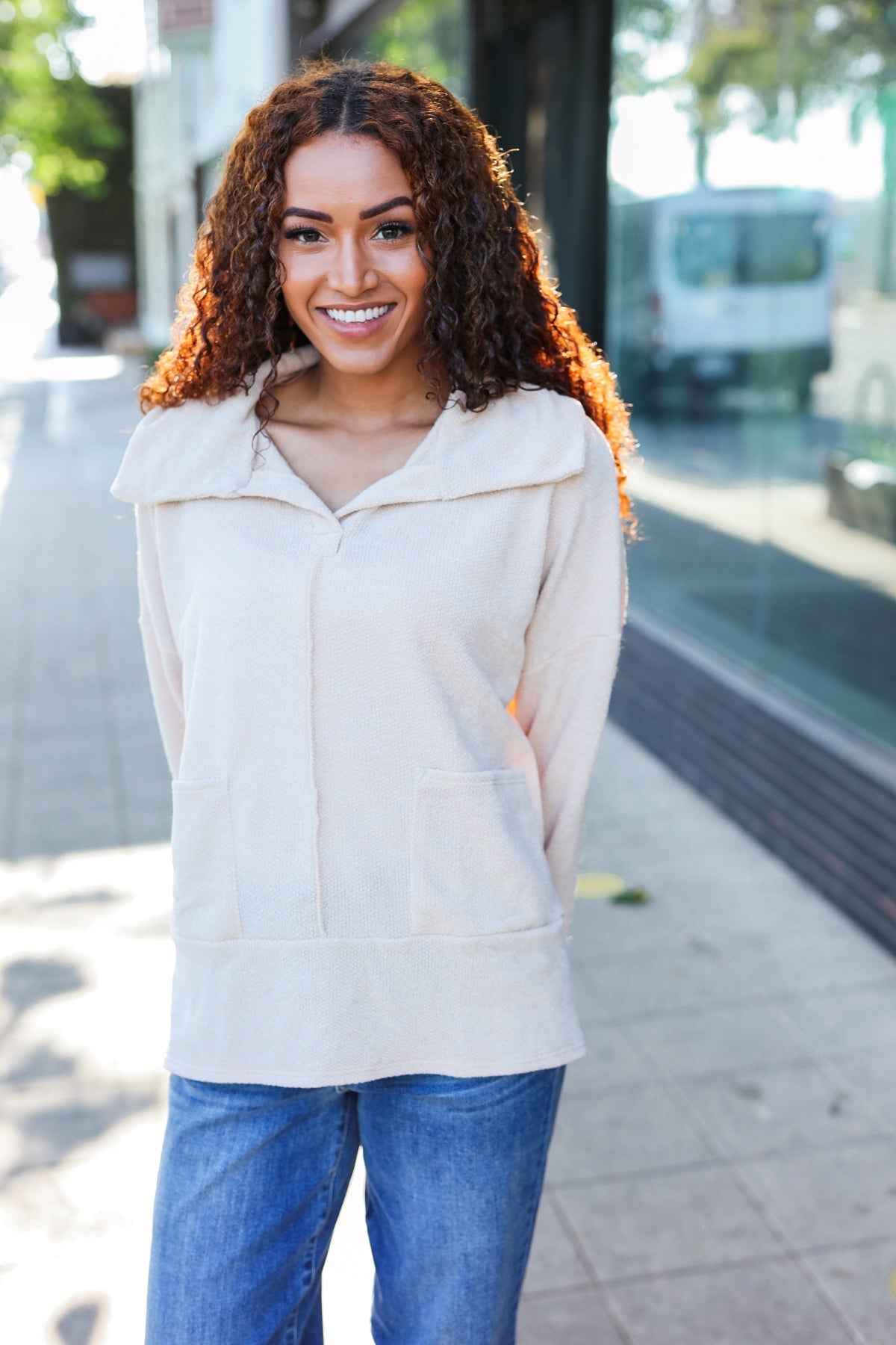 Haptics Oatmeal Textured Knit Notch Neck Oversized Collar Sweater