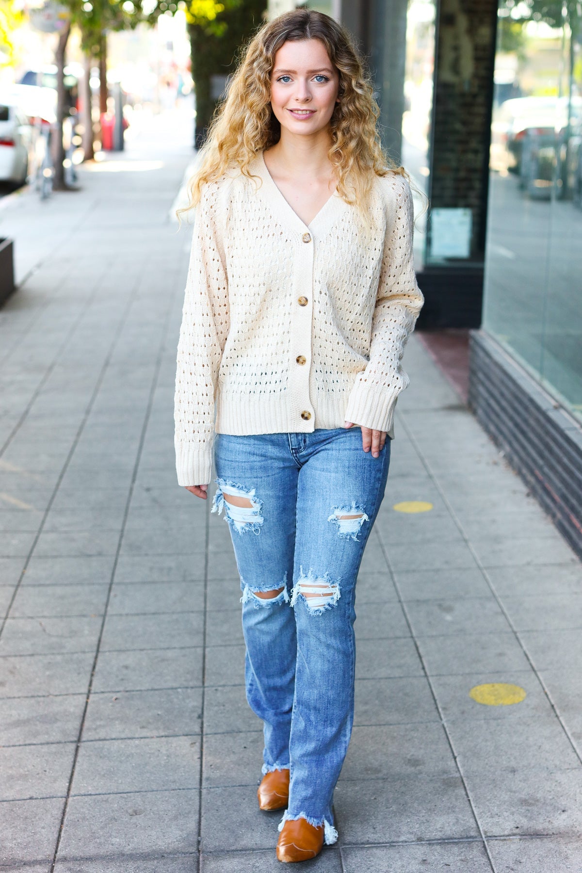 Haptics Oatmeal Pointelle Knit Button Down Cardigan