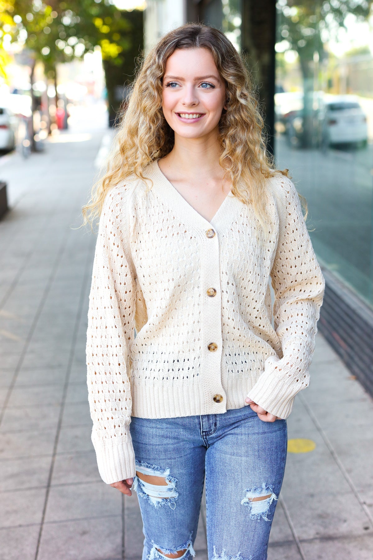 Haptics Oatmeal Pointelle Knit Button Down Cardigan