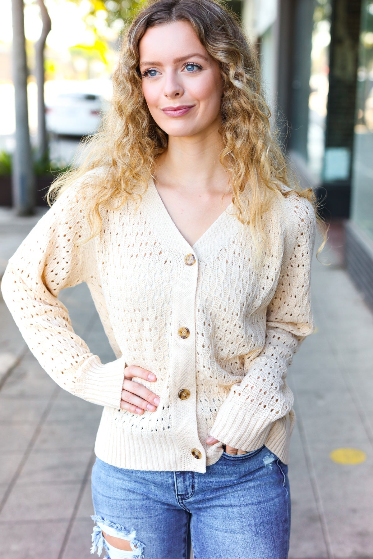 Haptics Oatmeal Pointelle Knit Button Down Cardigan