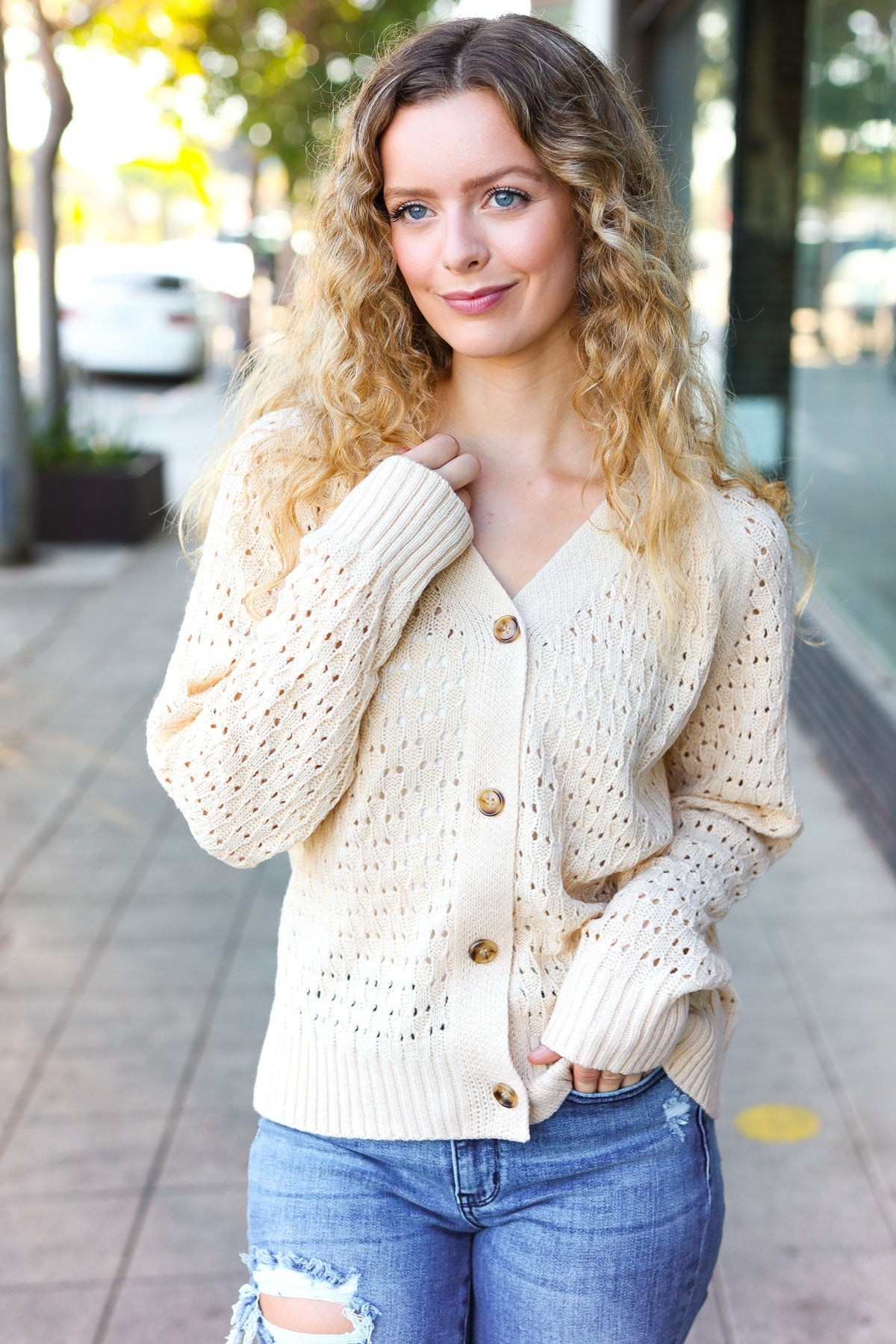 Haptics Oatmeal Pointelle Knit Button Down Cardigan