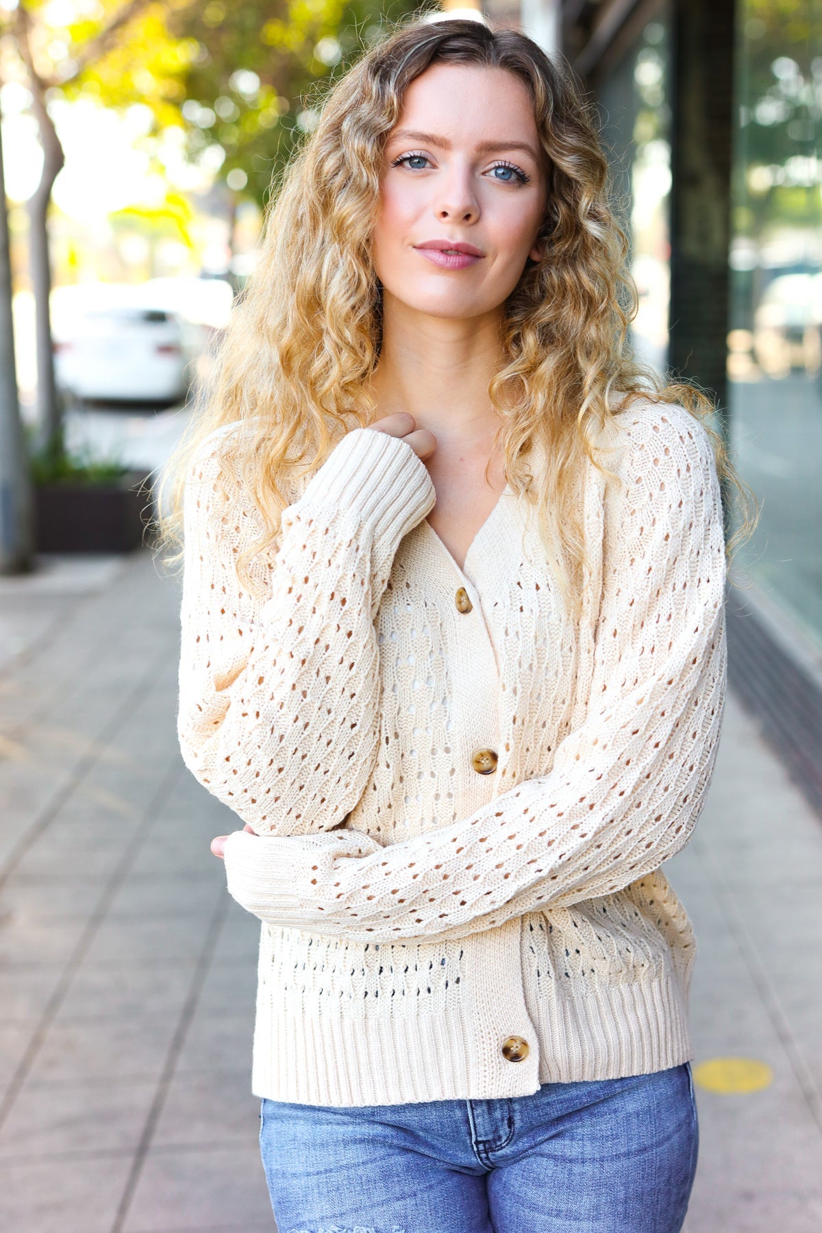 Haptics Oatmeal Pointelle Knit Button Down Cardigan