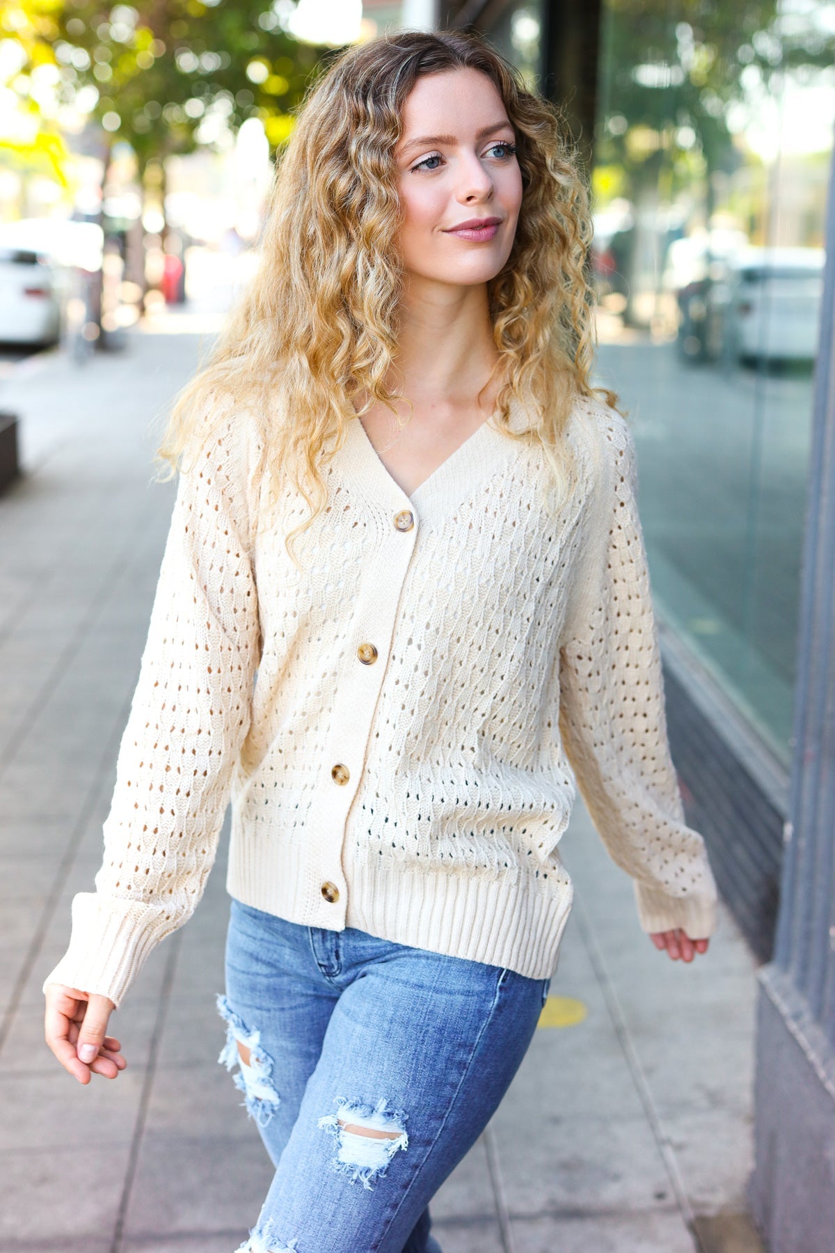 Haptics Oatmeal Pointelle Knit Button Down Cardigan