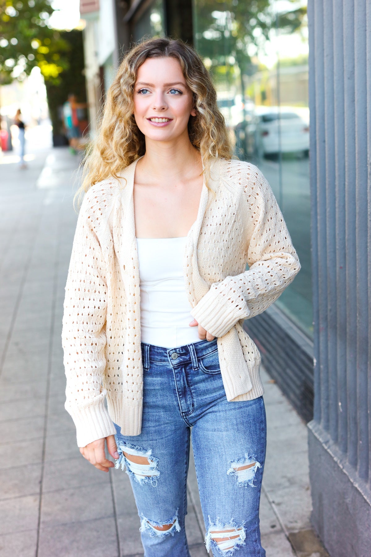 Haptics Oatmeal Pointelle Knit Button Down Cardigan