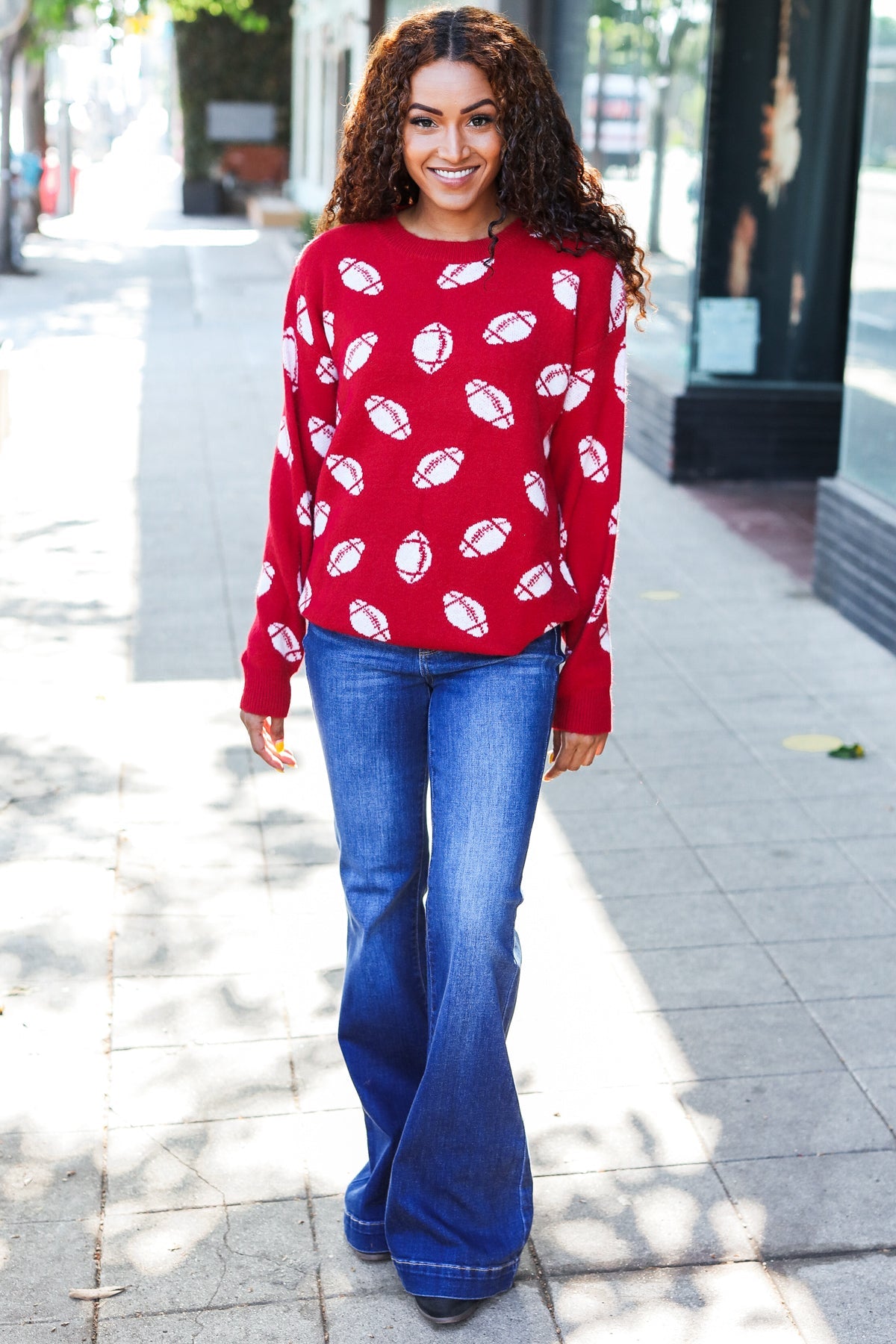 Haptics Red Football Print Jacquard Knit Sweater