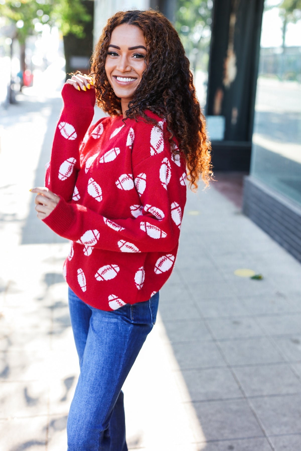 Haptics Red Football Print Jacquard Knit Sweater