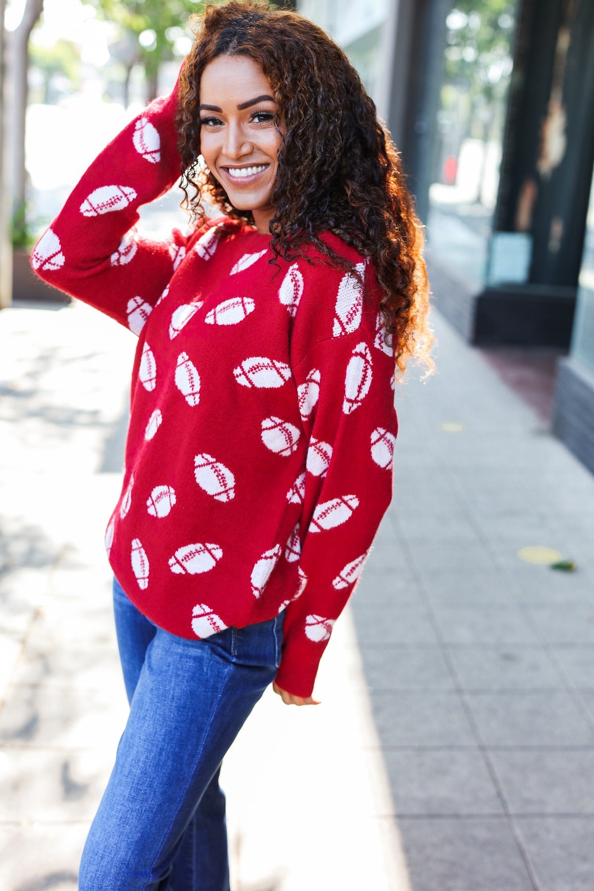 Haptics Red Football Print Jacquard Knit Sweater