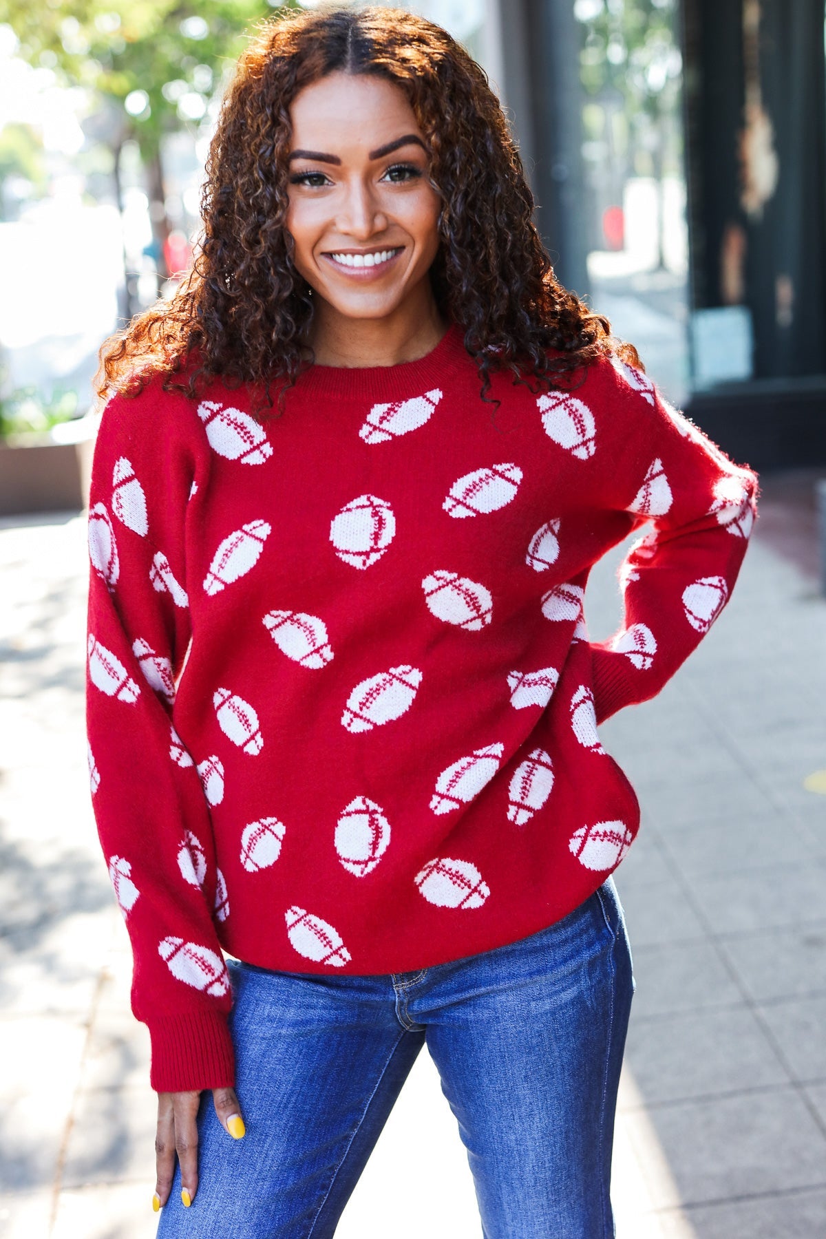 Haptics Red Football Print Jacquard Knit Sweater