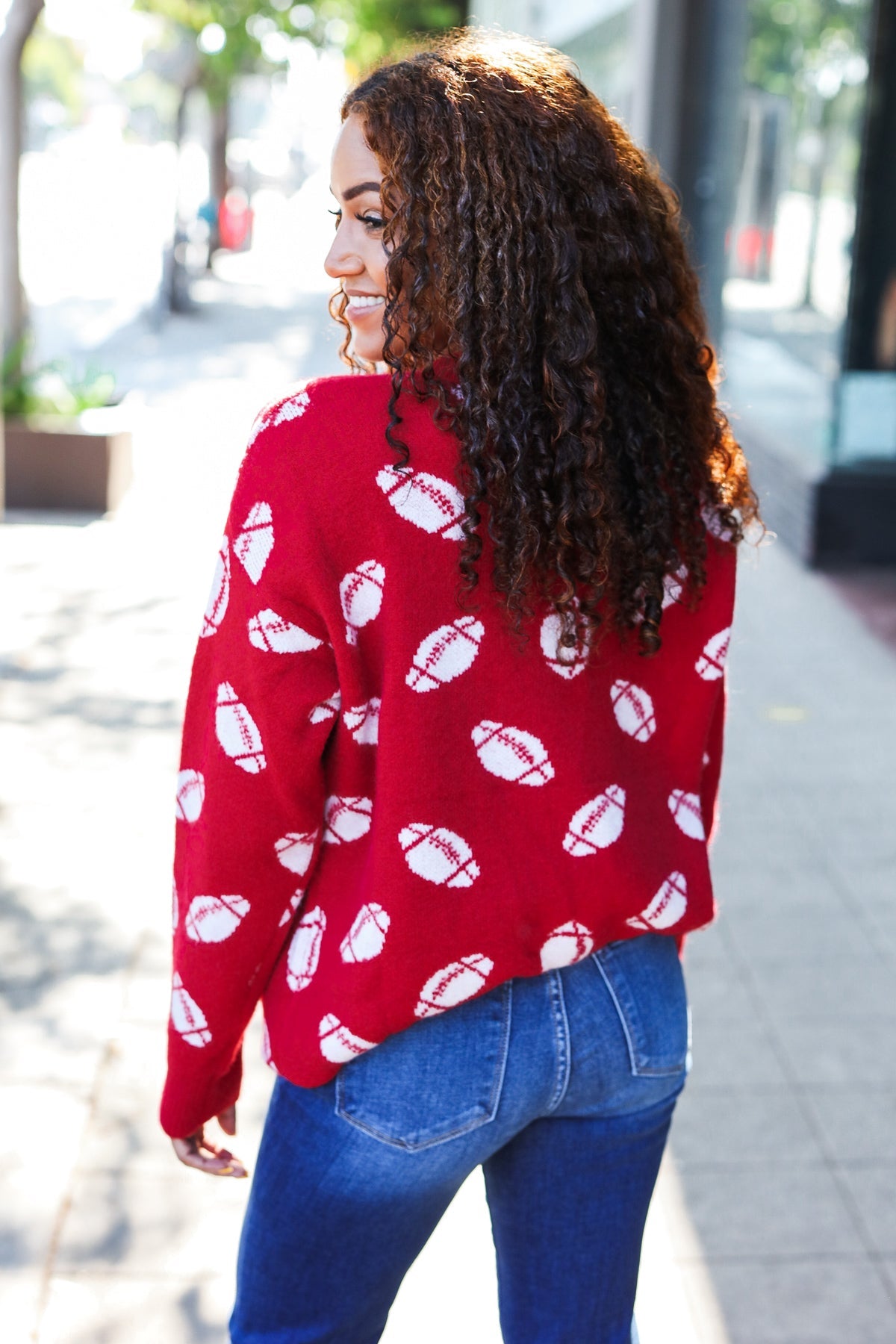 Haptics Red Football Print Jacquard Knit Sweater