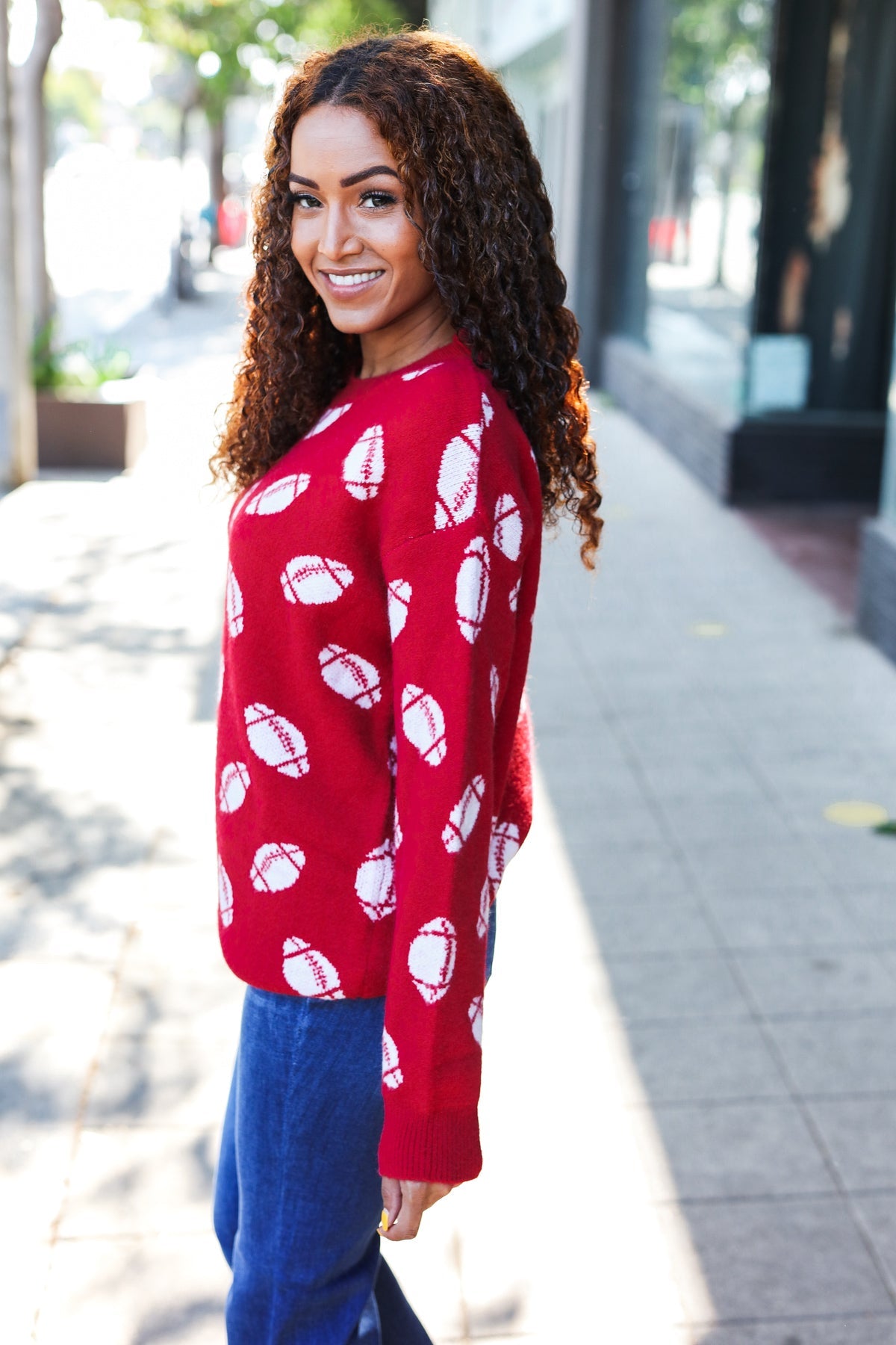 Haptics Red Football Print Jacquard Knit Sweater