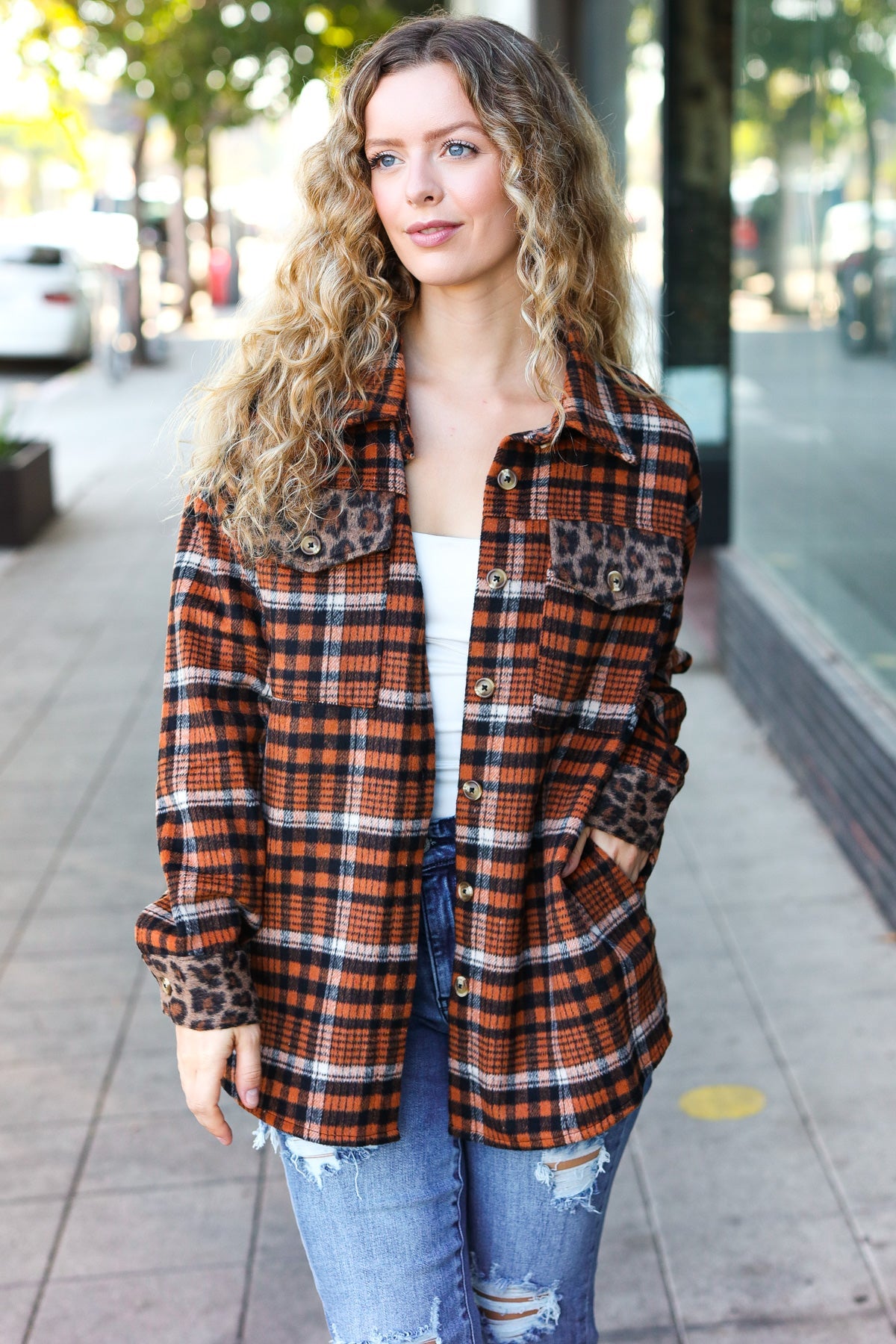 Haptics Rust Plaid & Animal Print Button Down Jacket