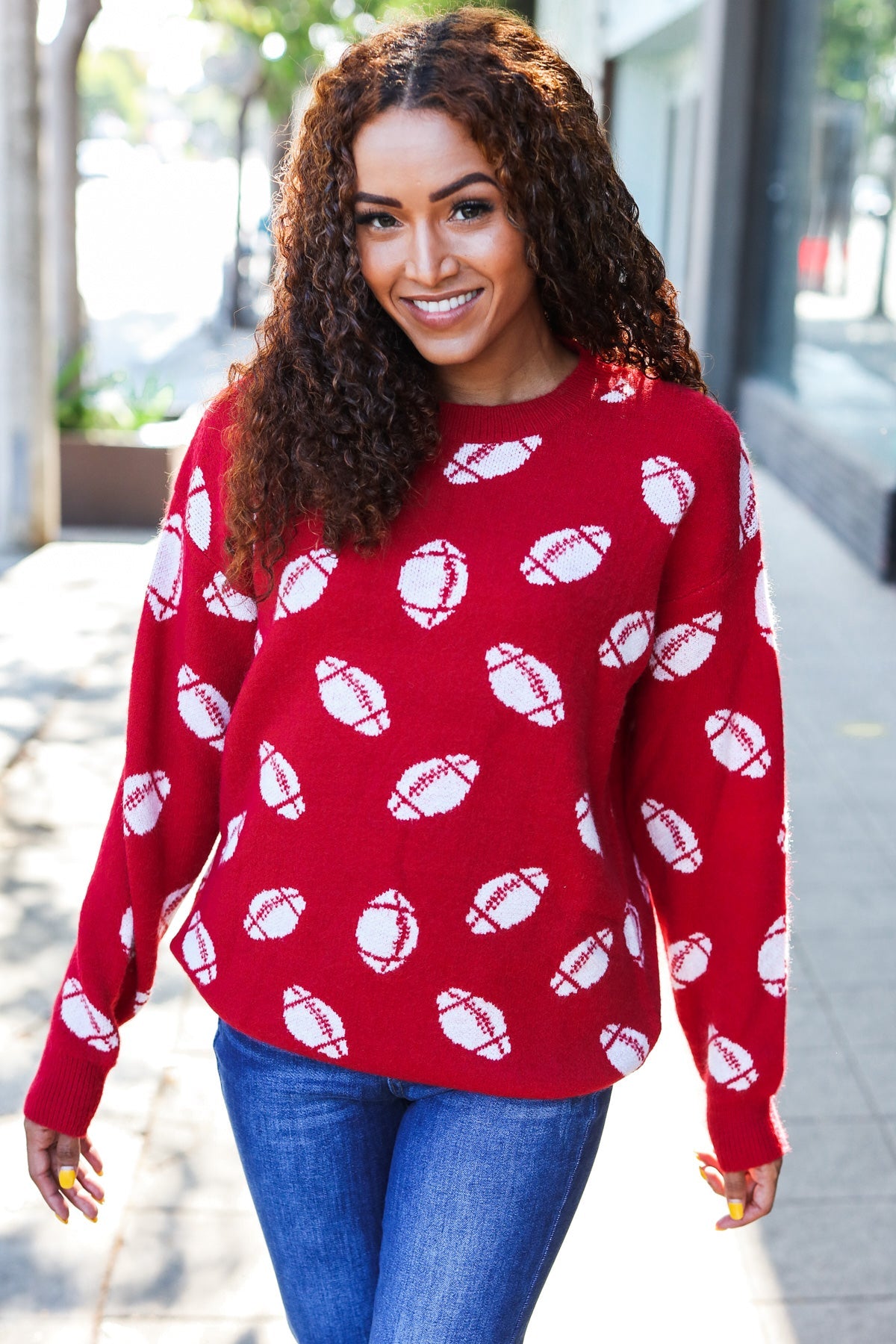 Haptics Red Football Print Jacquard Knit Sweater