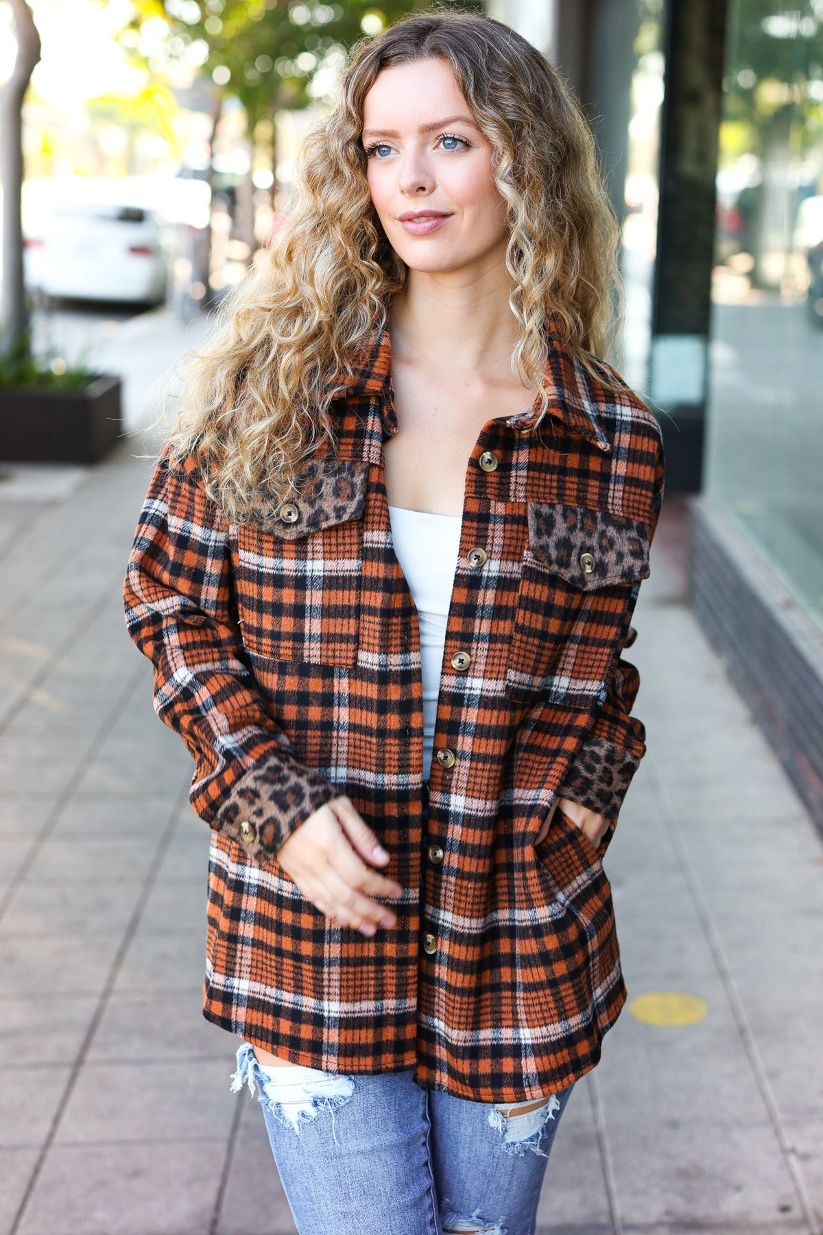 Haptics Rust Plaid & Animal Print Button Down Jacket