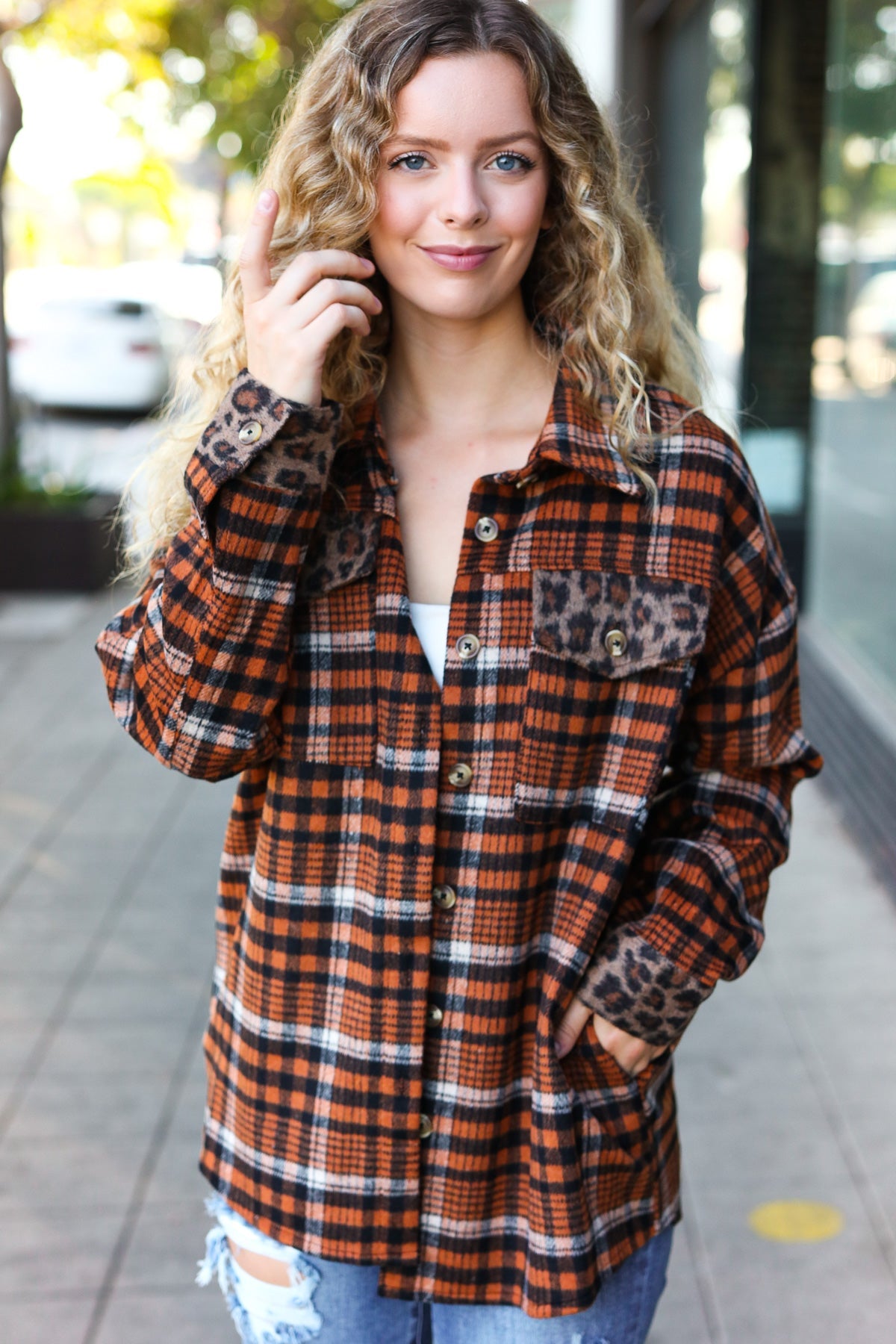 Haptics Rust Plaid & Animal Print Button Down Jacket