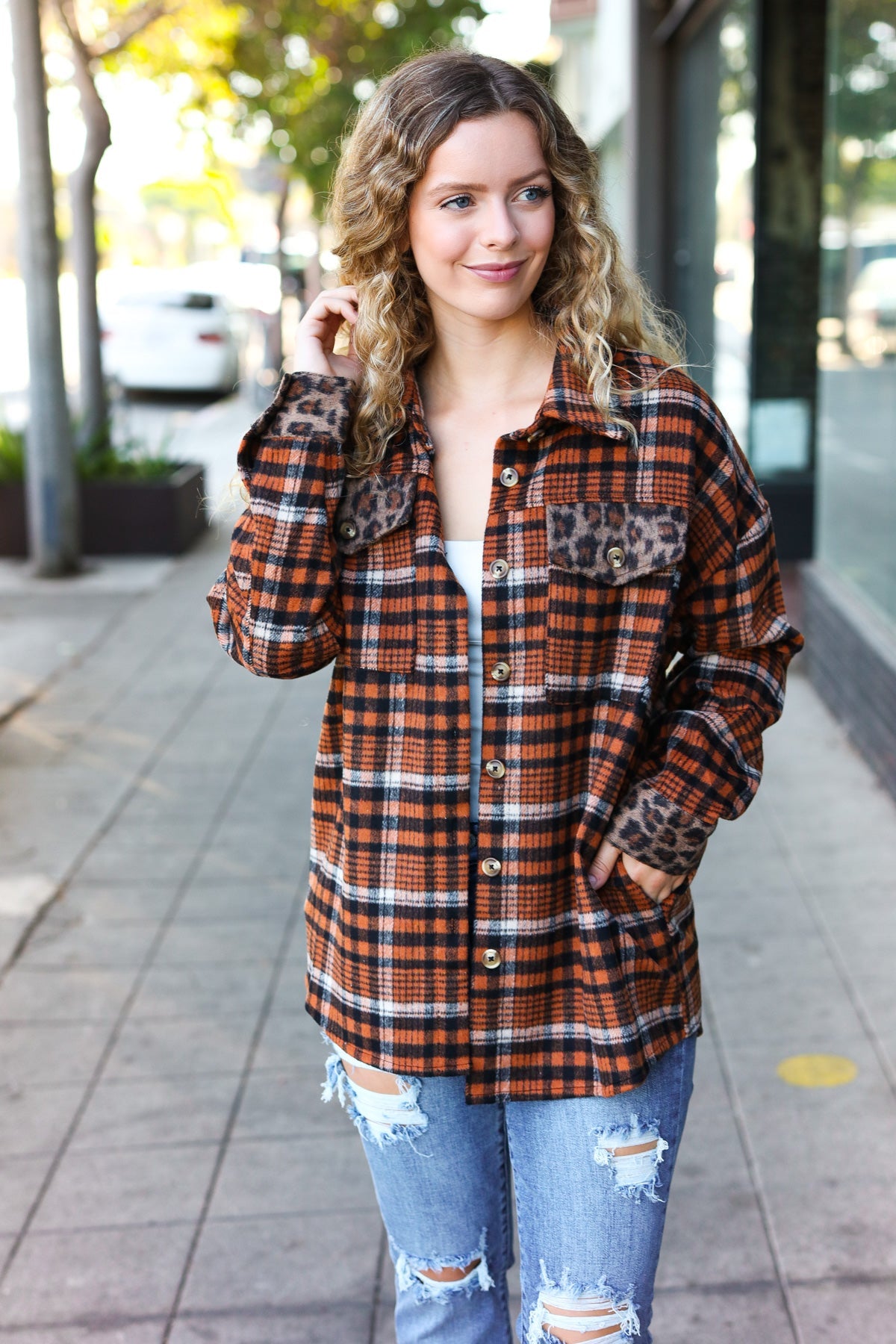 Haptics Rust Plaid & Animal Print Button Down Jacket