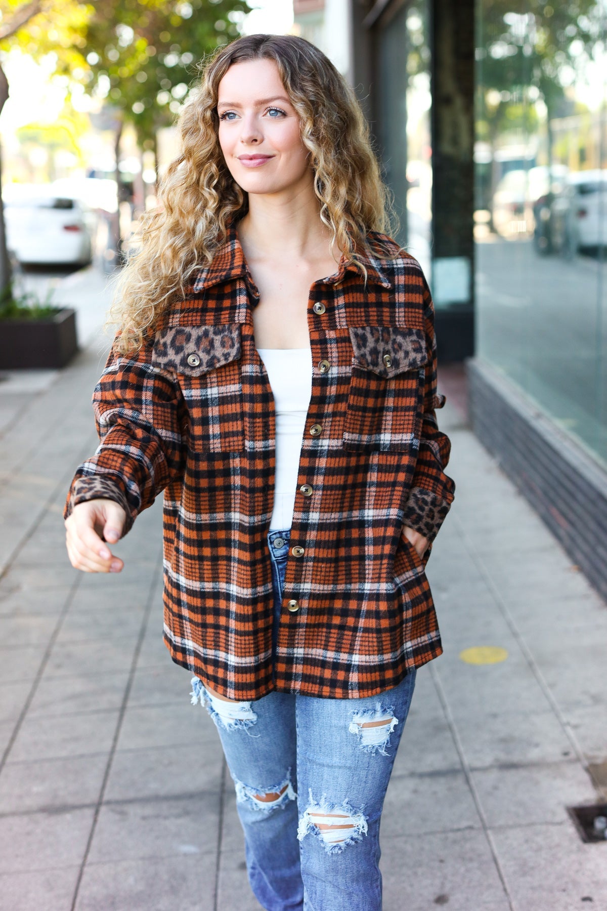 Haptics Rust Plaid & Animal Print Button Down Jacket