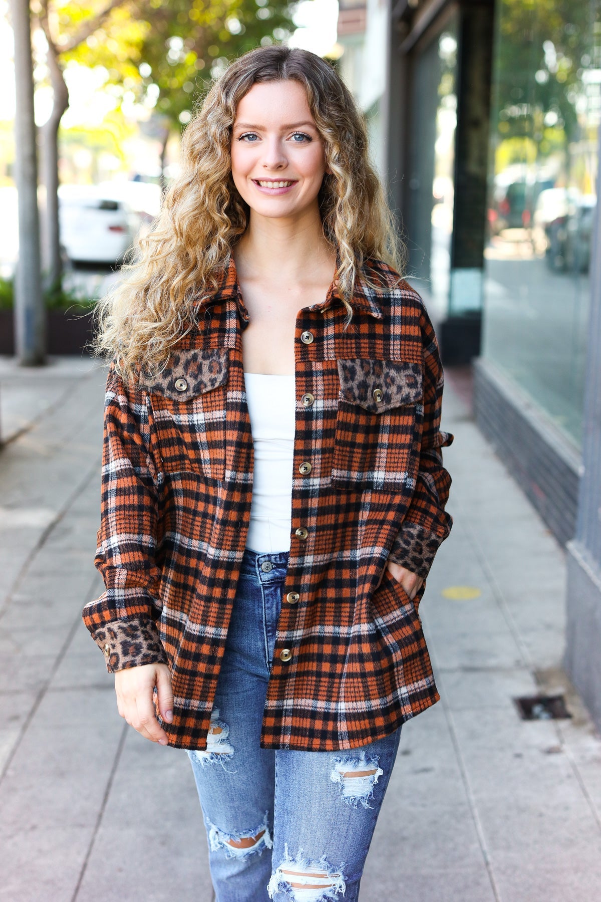 Haptics Rust Plaid & Animal Print Button Down Jacket