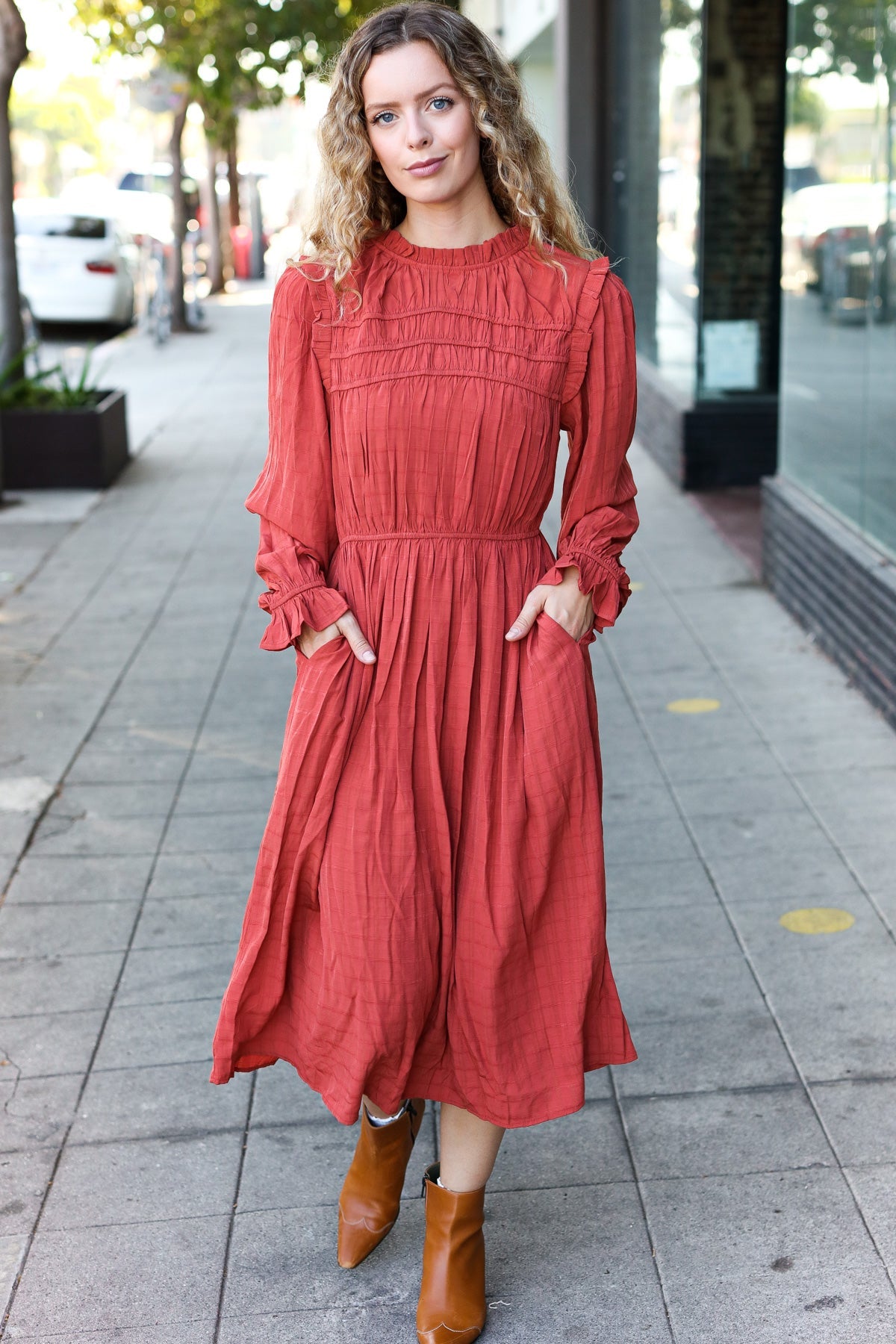 Haptics Rust Mock Neck Embossed Lined Dress