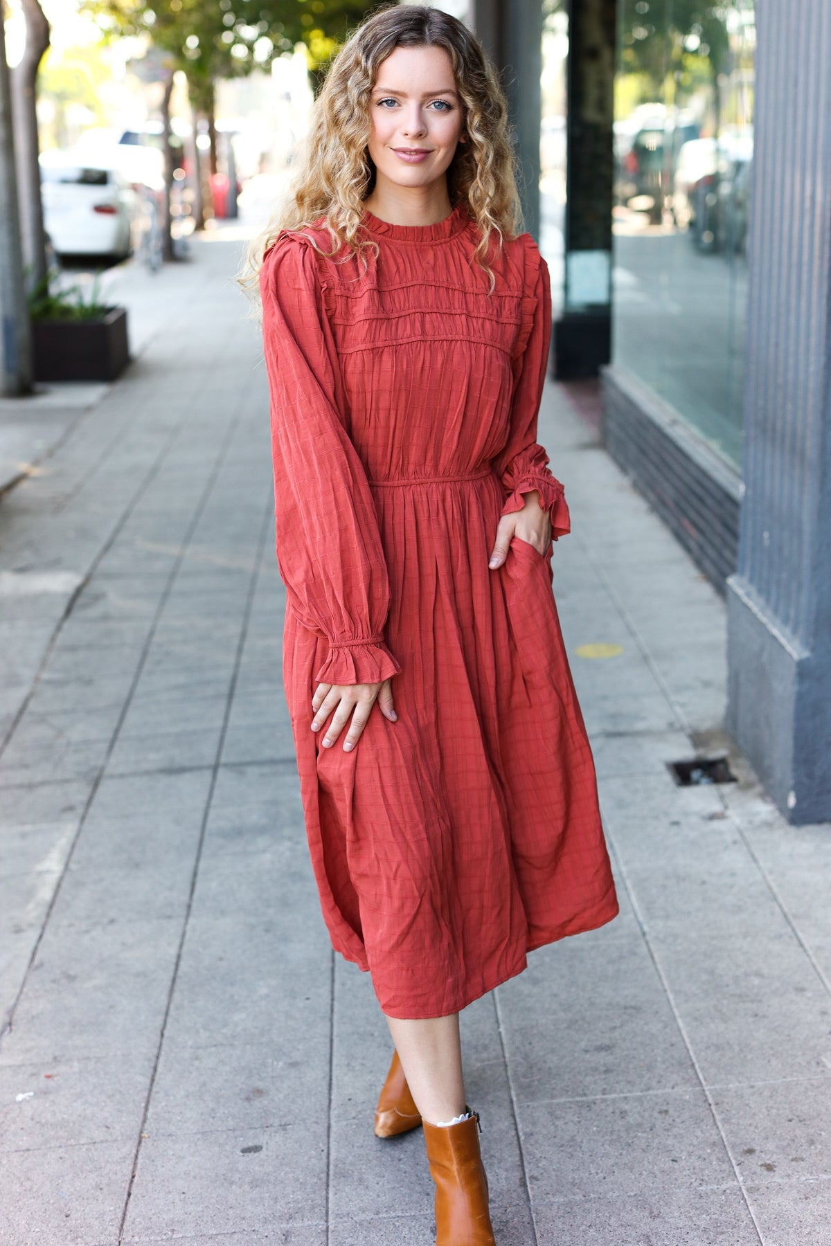 Haptics Rust Mock Neck Embossed Lined Dress