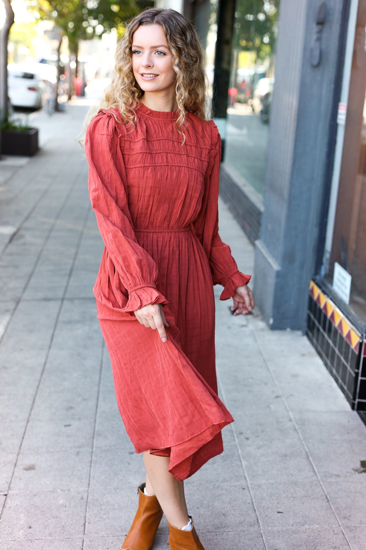 Haptics Rust Mock Neck Embossed Lined Dress