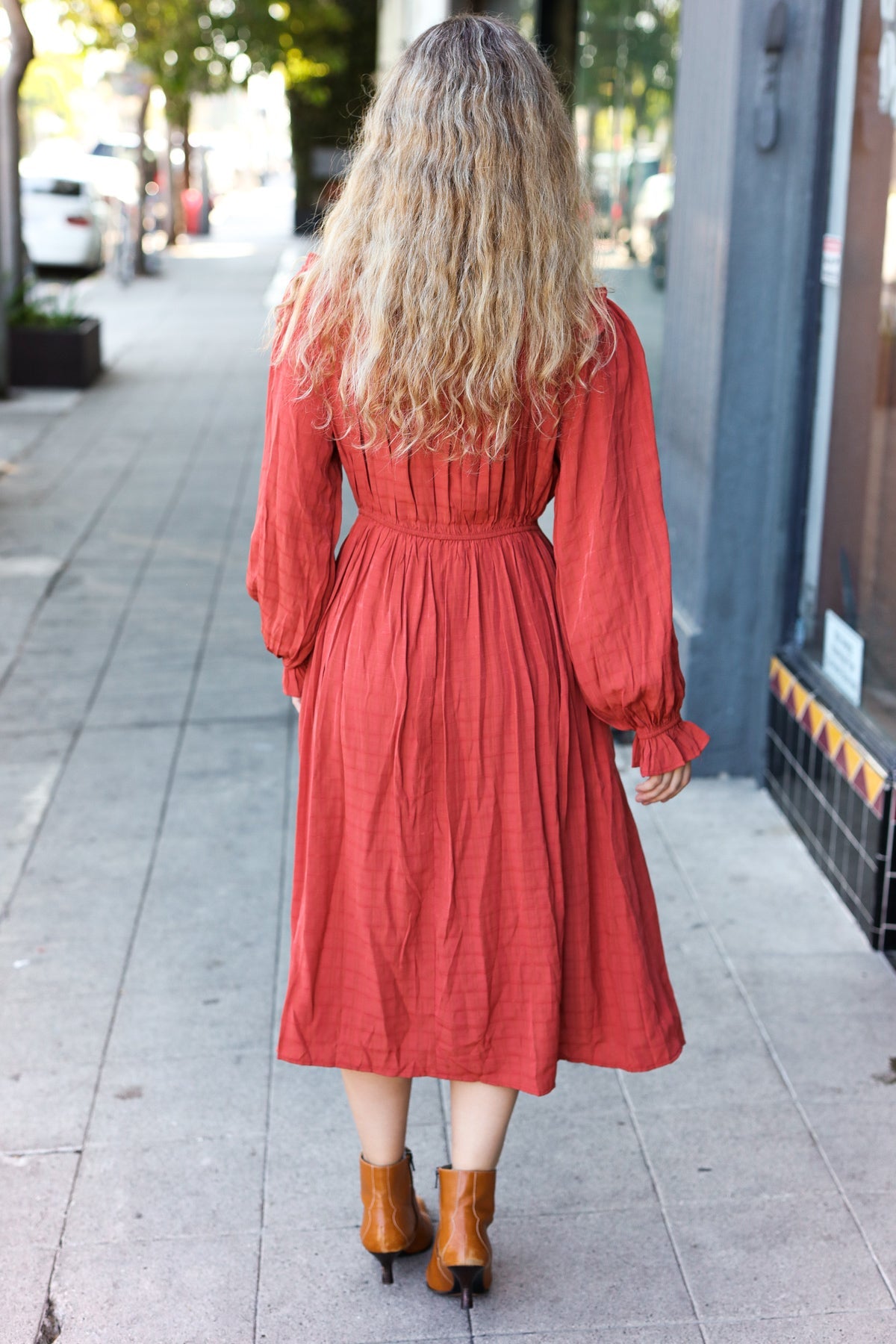 Haptics Rust Mock Neck Embossed Lined Dress