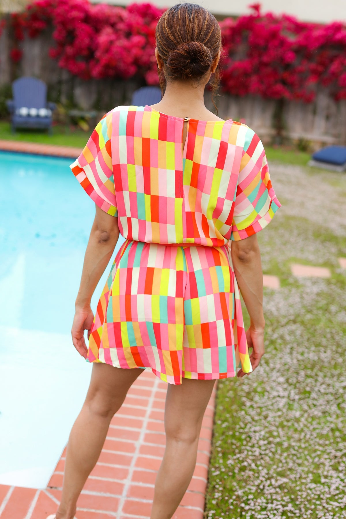 HAPTICS Coral & Yellow Geo Abstract Surplice Woven Romper