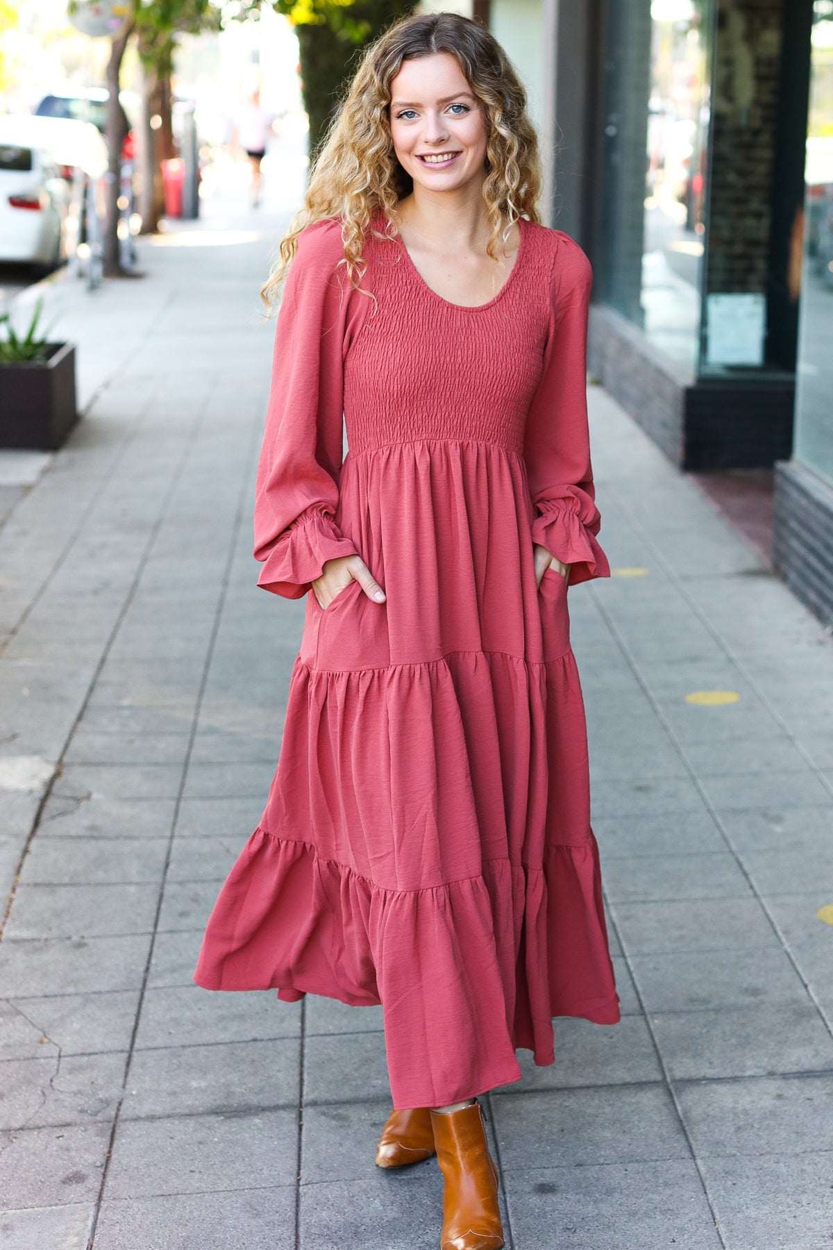 Haptics Marsala Smocked Ruffle Sleeve Maxi Dress