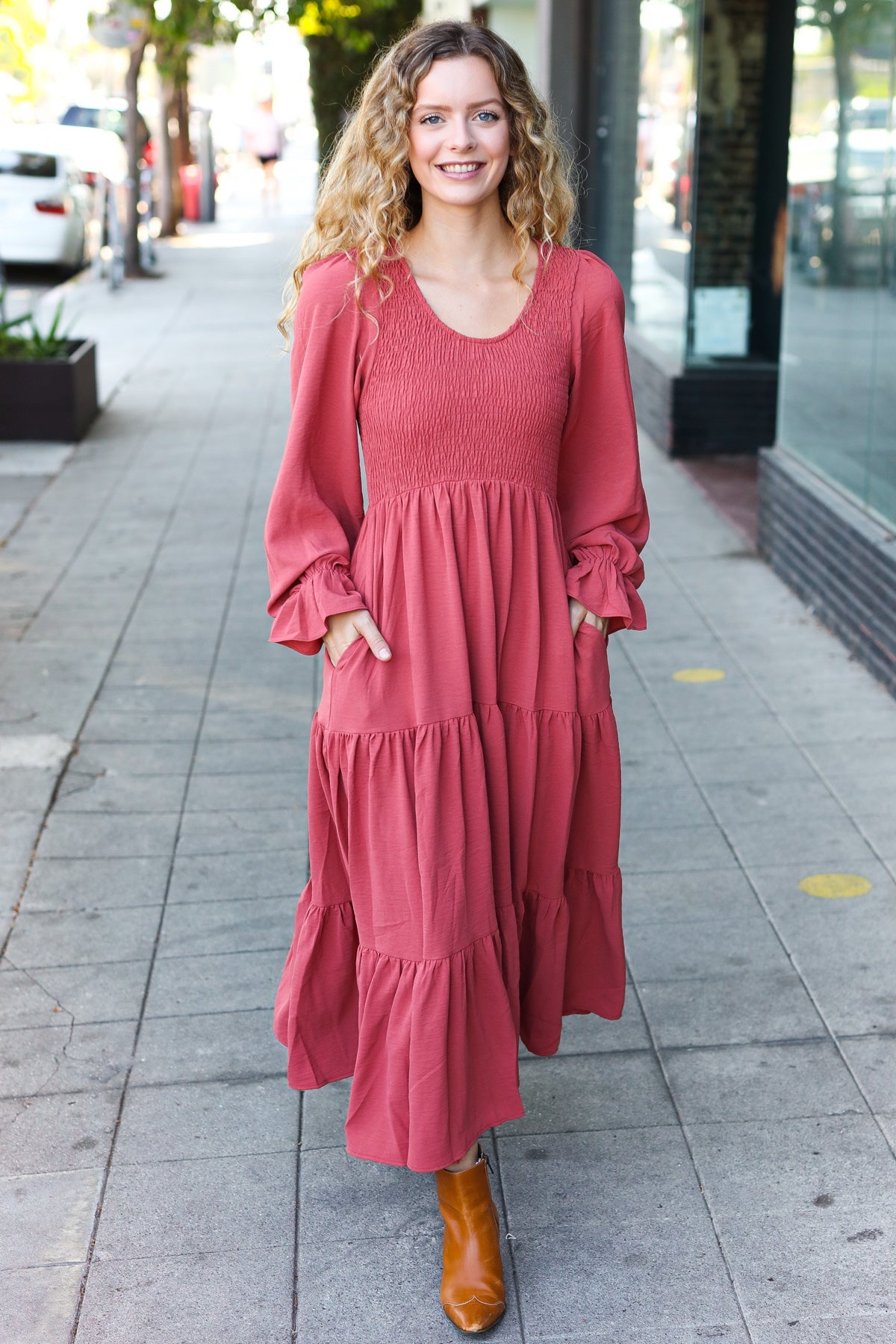 Haptics Marsala Smocked Ruffle Sleeve Maxi Dress