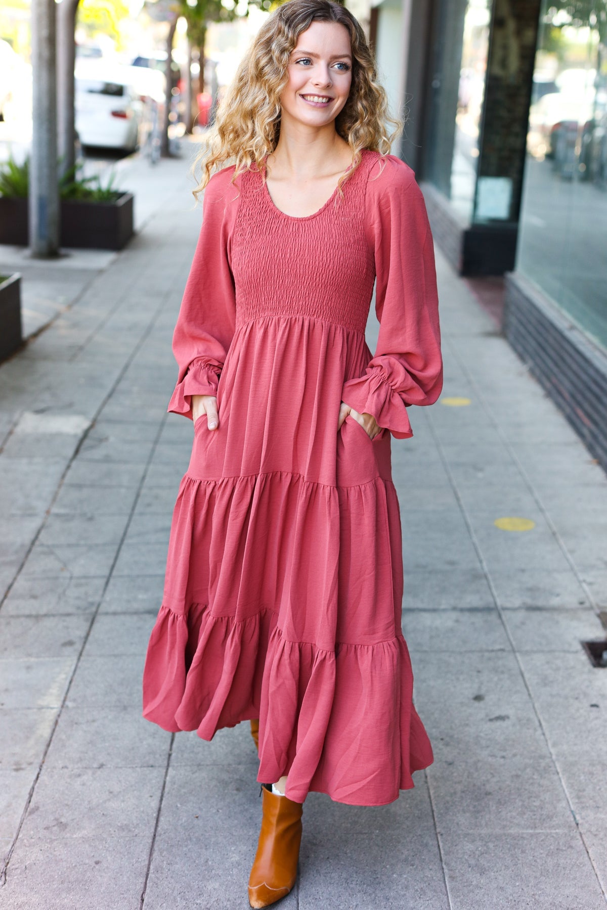 Haptics Marsala Smocked Ruffle Sleeve Maxi Dress