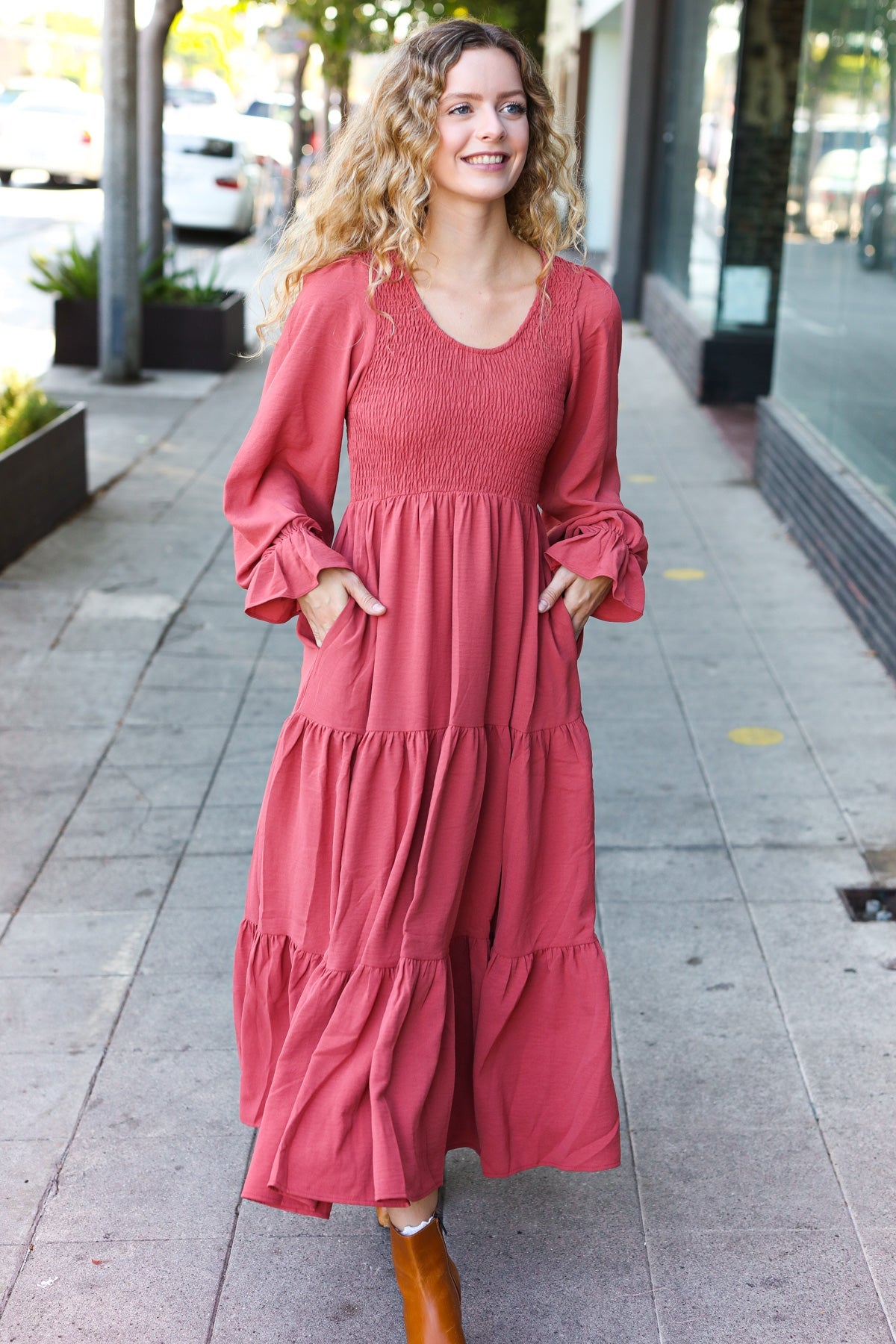 Haptics Marsala Smocked Ruffle Sleeve Maxi Dress