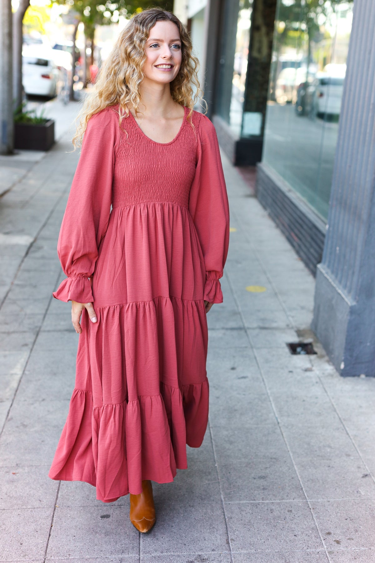 Haptics Marsala Smocked Ruffle Sleeve Maxi Dress