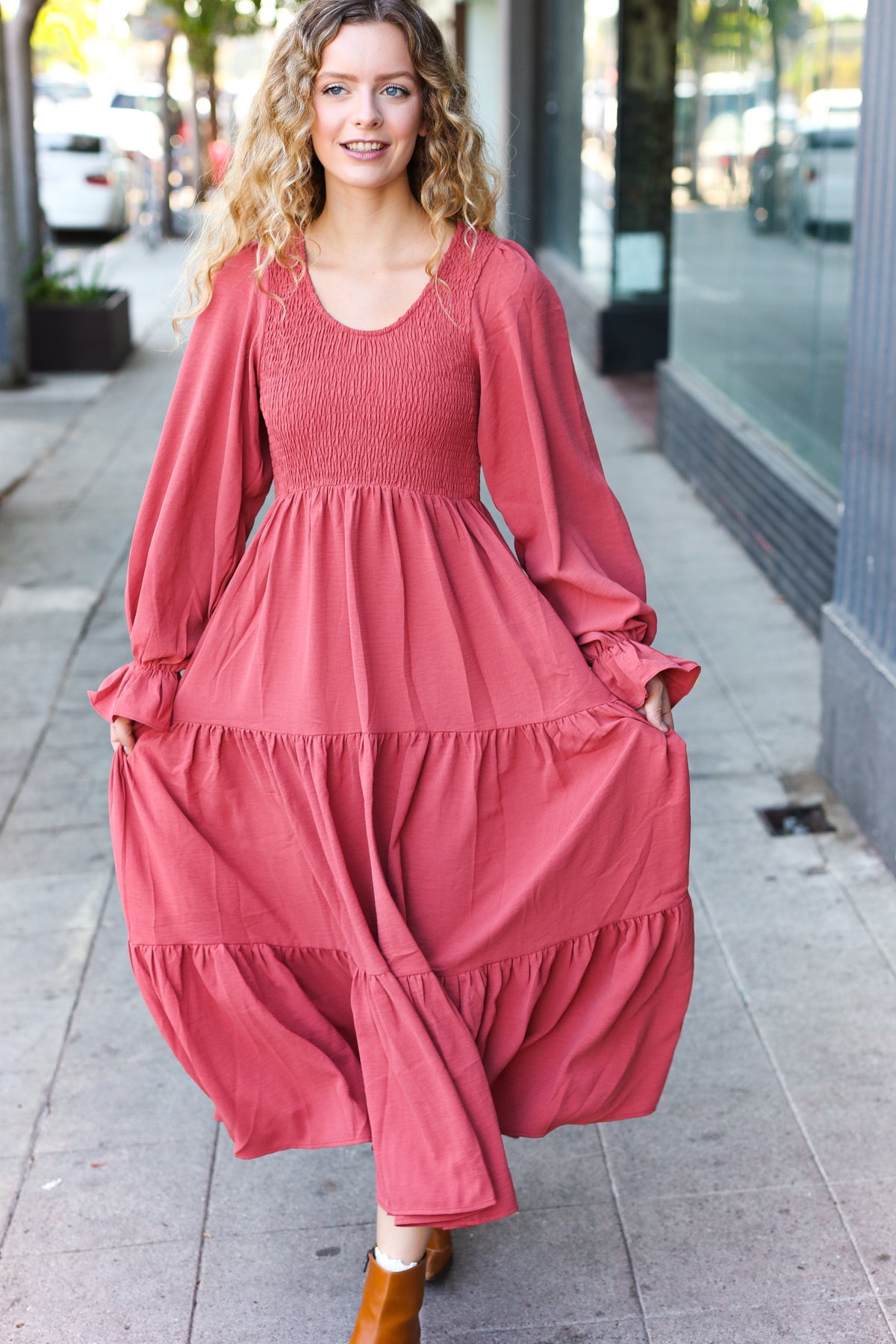 Haptics Marsala Smocked Ruffle Sleeve Maxi Dress