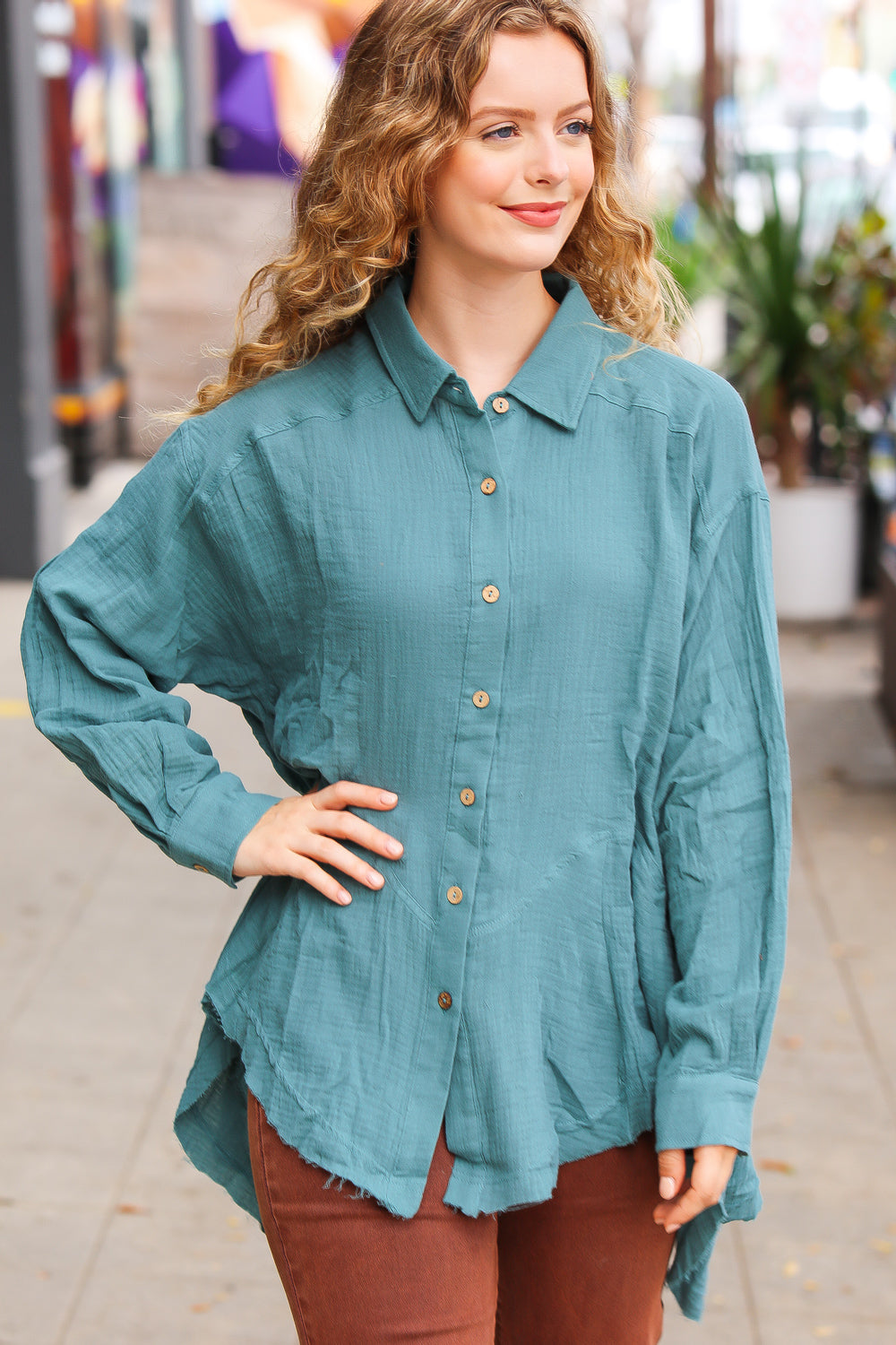 Beautiful You Teal Button Down Sharkbite Cotton Tunic Top