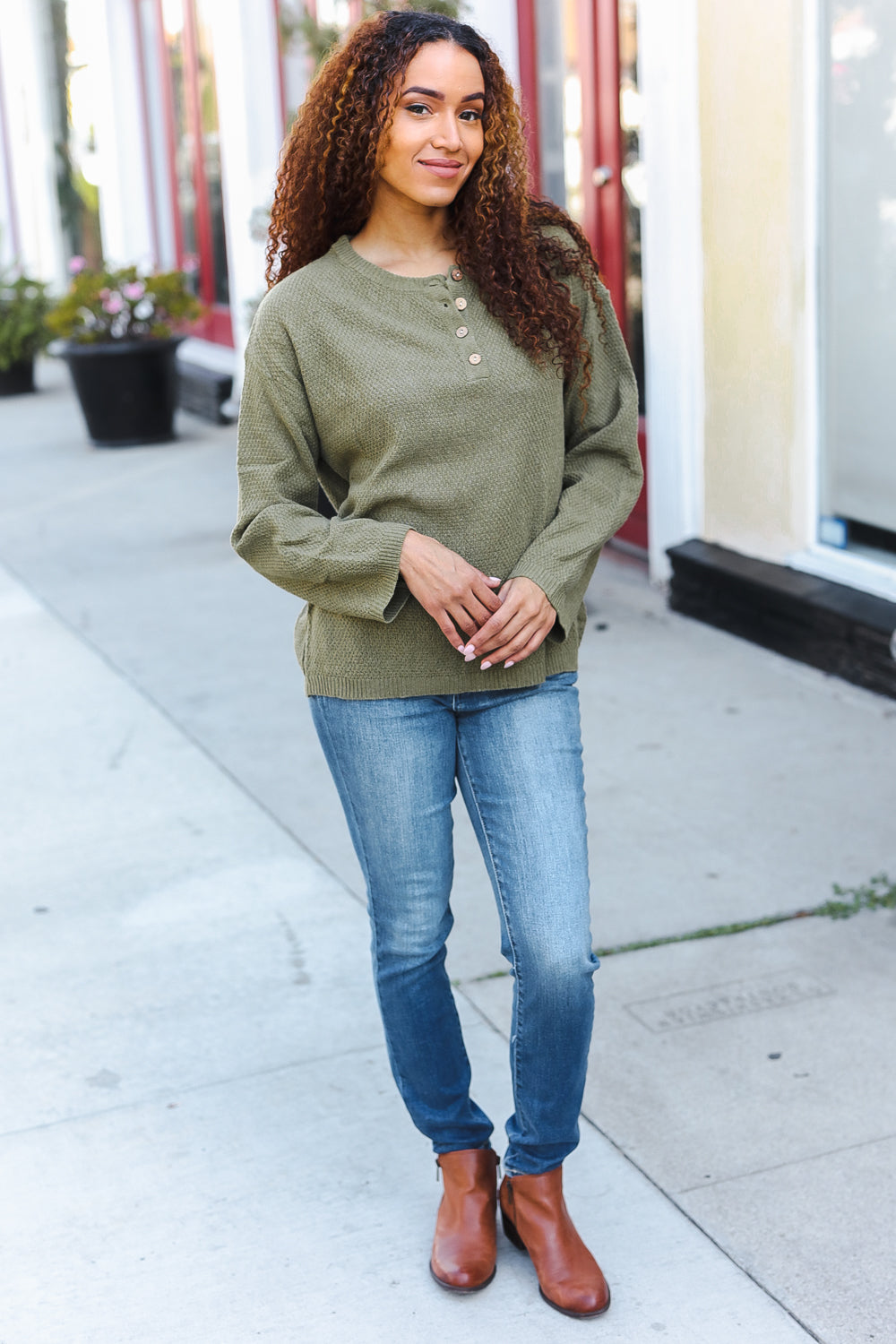 Moss Green Button Down Ribbed Sweater