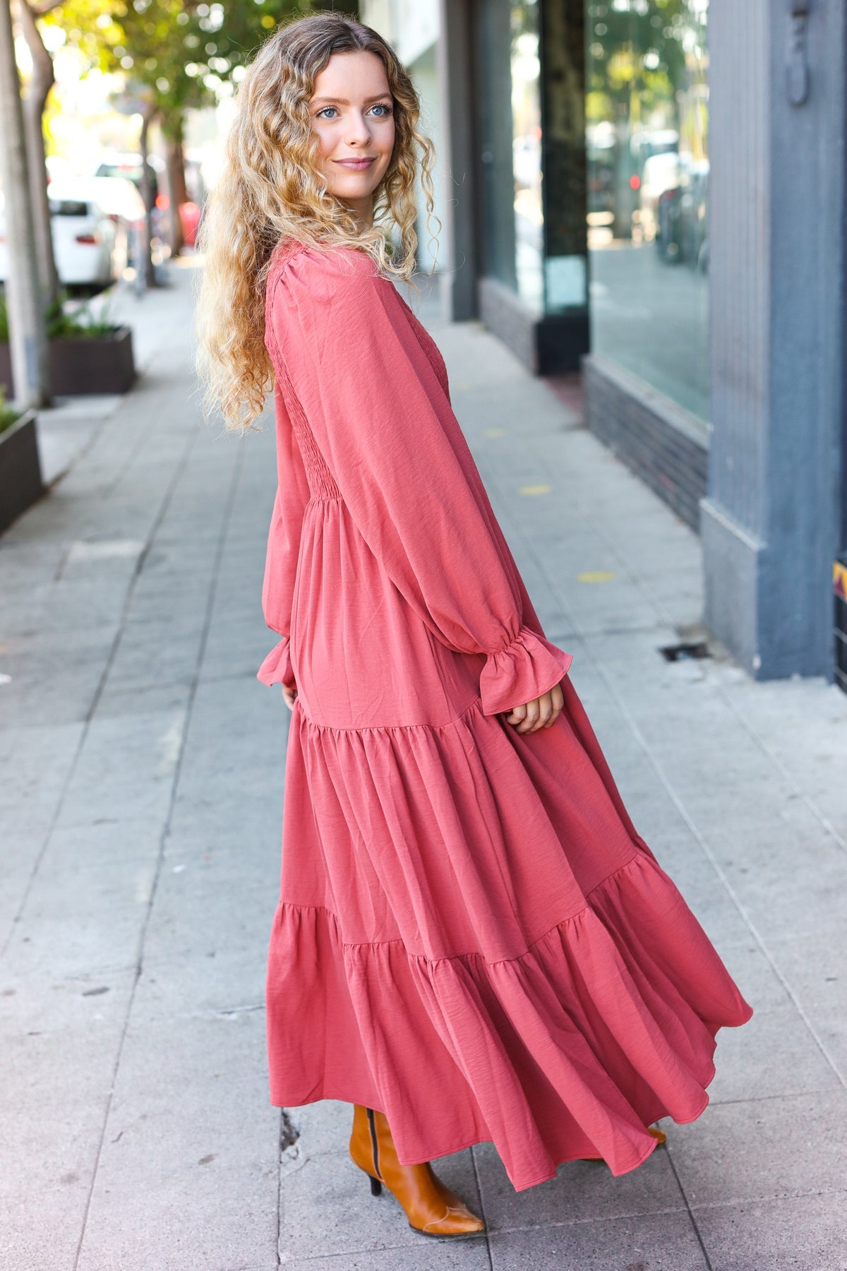 Haptics Marsala Smocked Ruffle Sleeve Maxi Dress