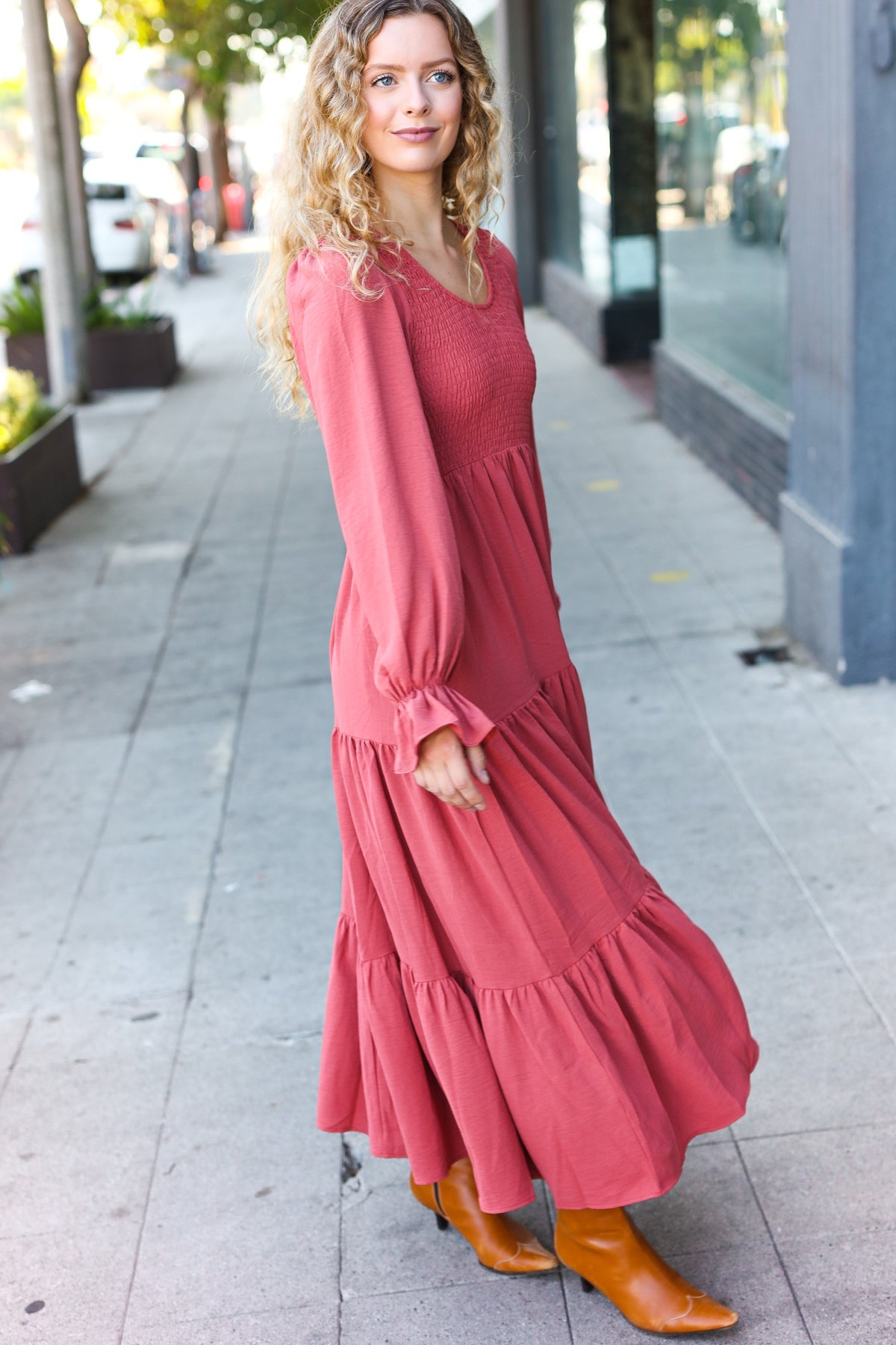 Haptics Marsala Smocked Ruffle Sleeve Maxi Dress