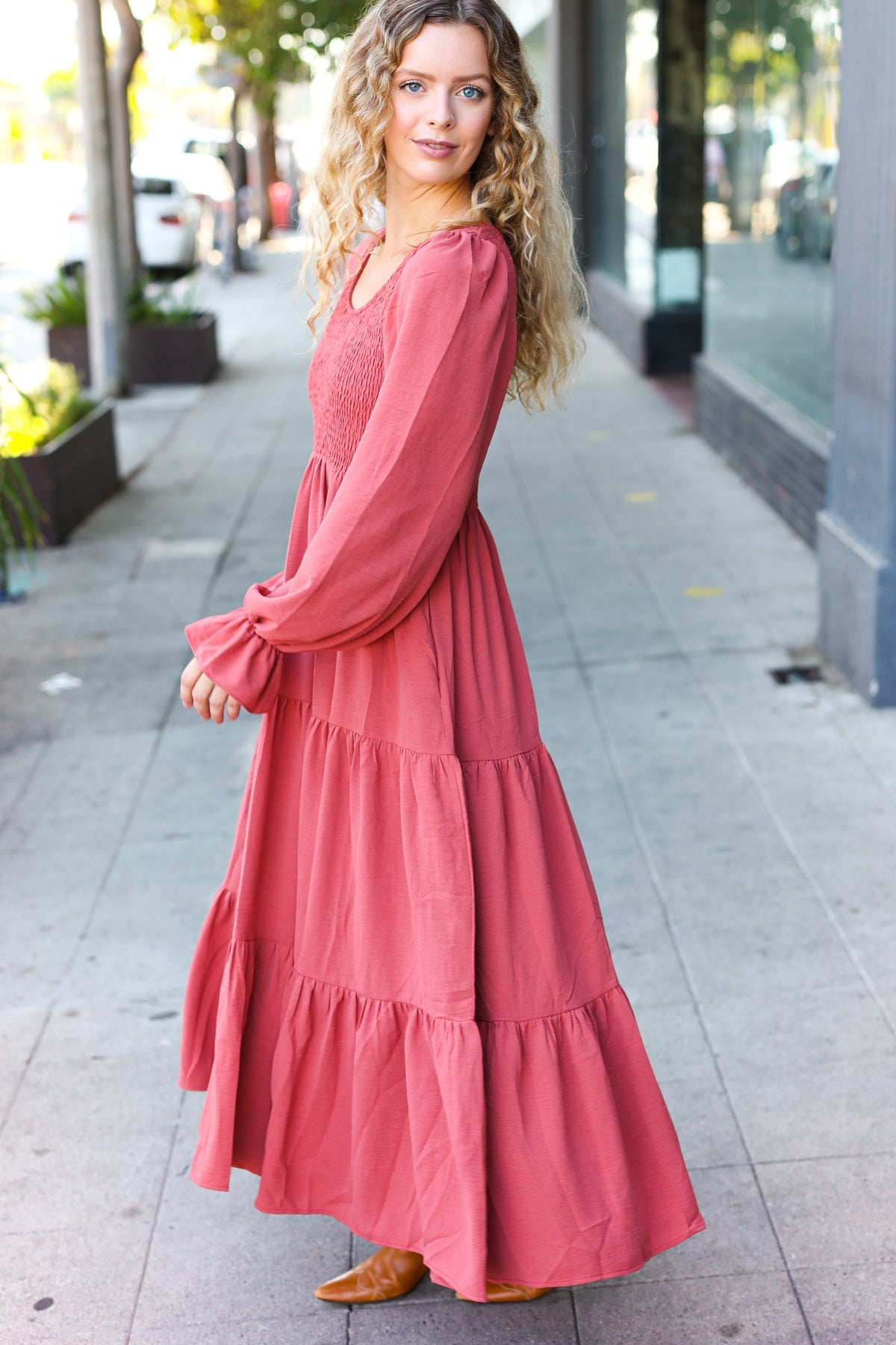 Haptics Marsala Smocked Ruffle Sleeve Maxi Dress