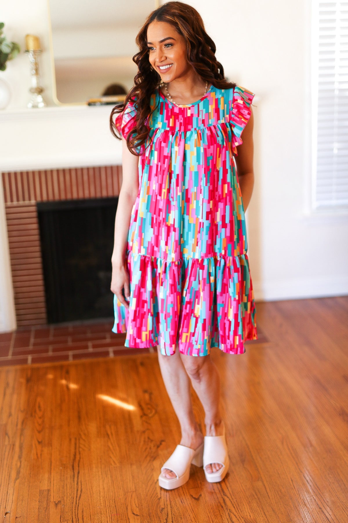 Haptics Multicolor Abstract Print Tiered Ruffle Sleeve Dress